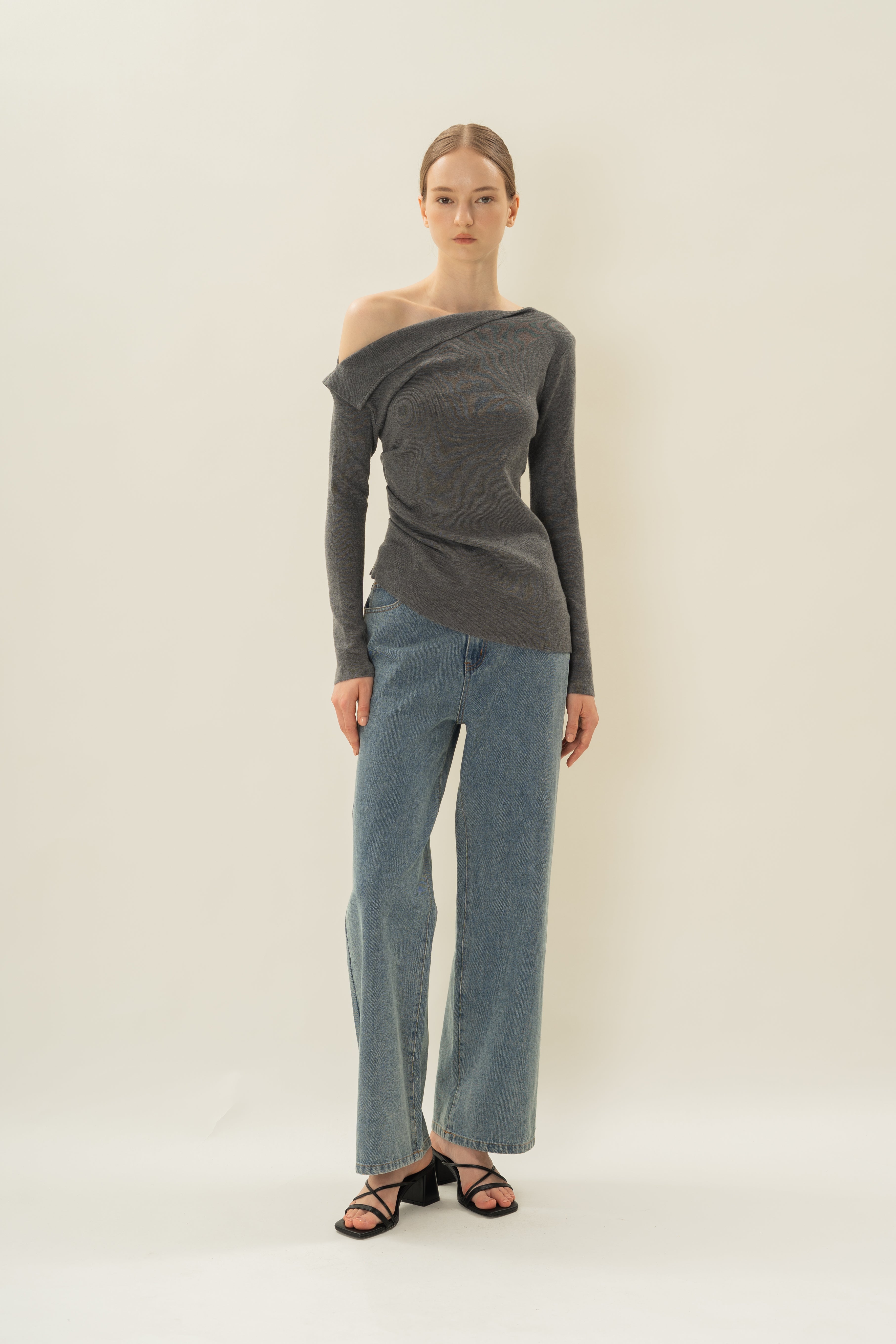 Foldover Neckline Long Sleeve Knit Top in Stone Grey