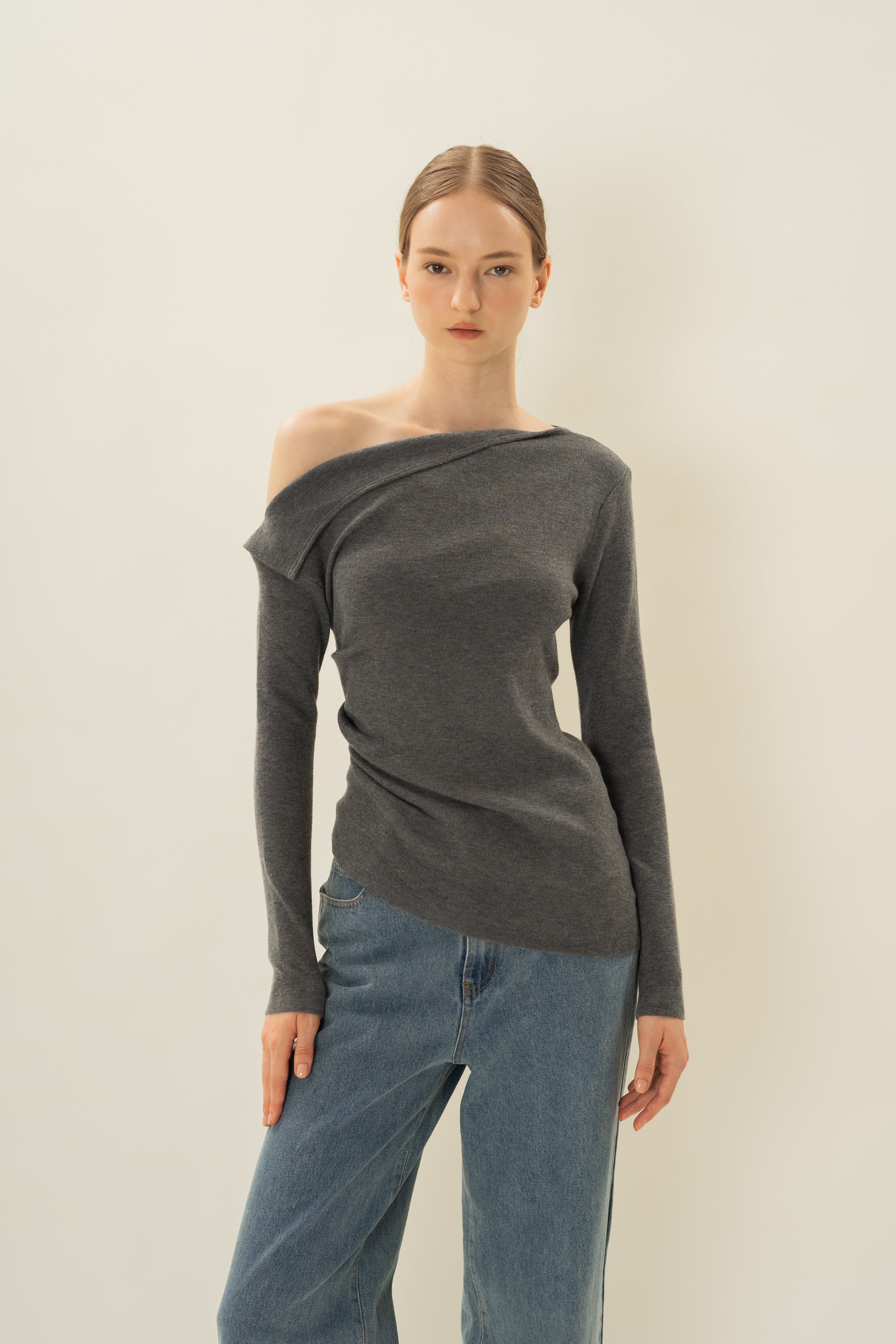 Foldover Neckline Long Sleeve Knit Top in Stone Grey