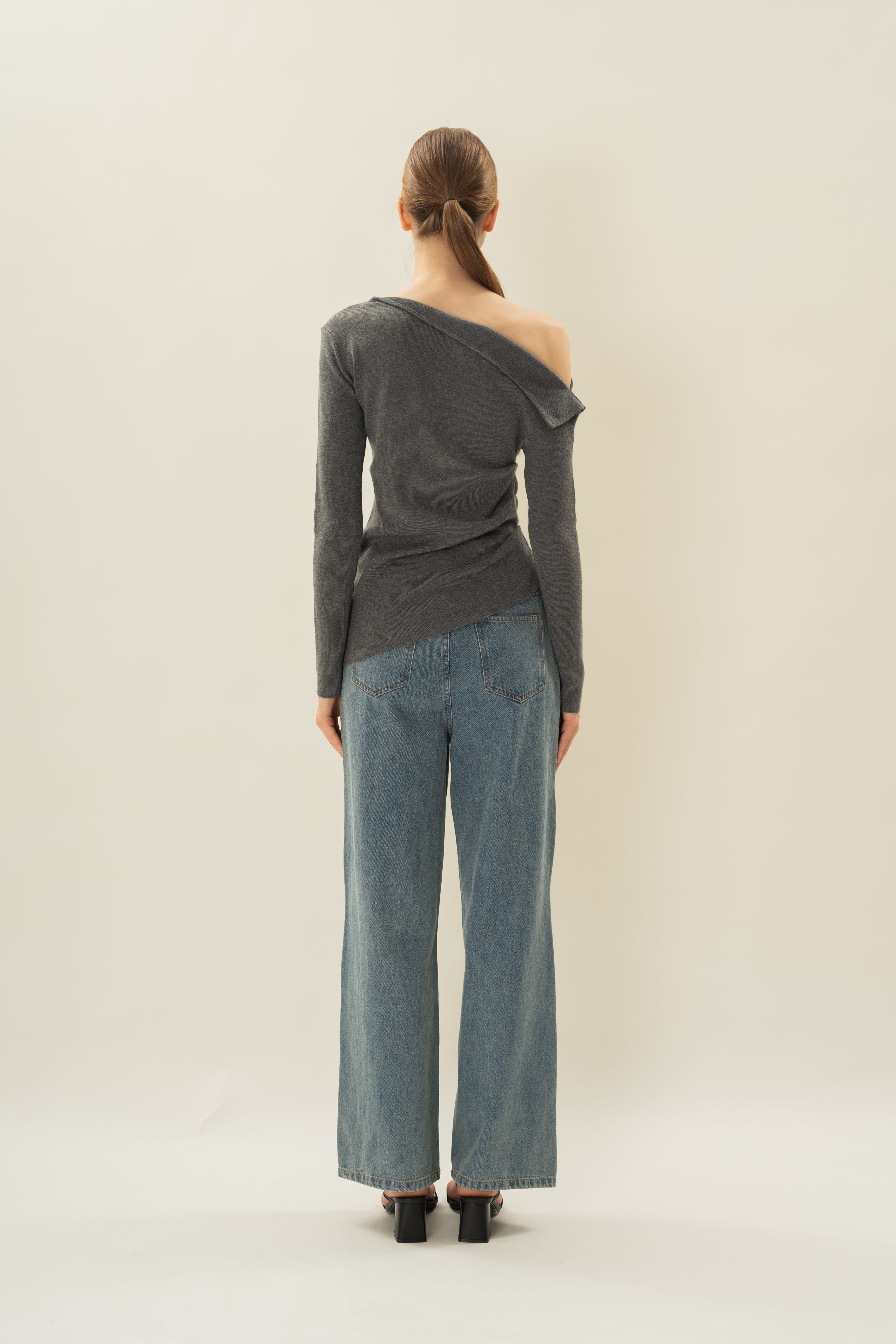 Foldover Neckline Long Sleeve Knit Top in Stone Grey