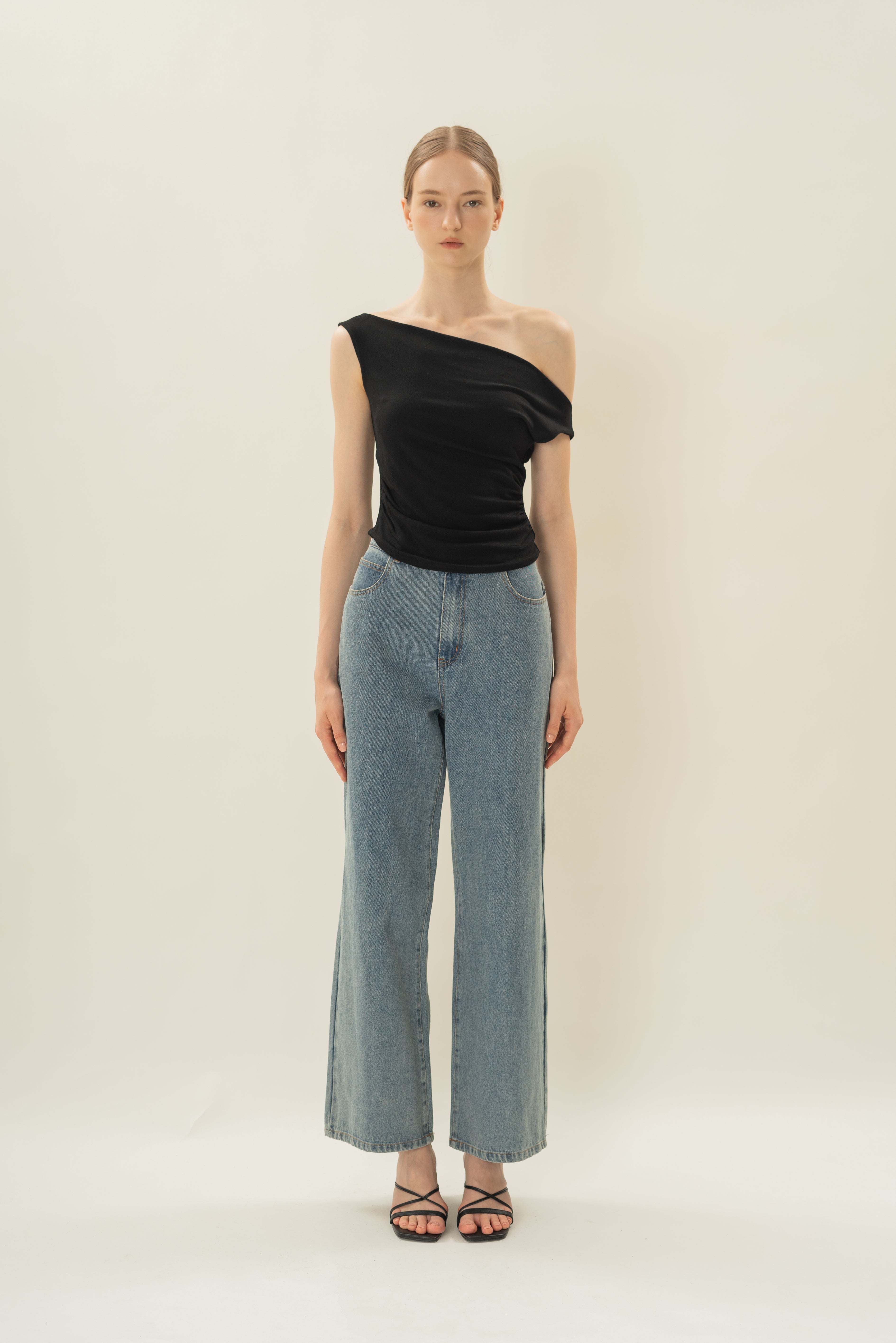 Off Shoulder Ruched Waist Top in Black