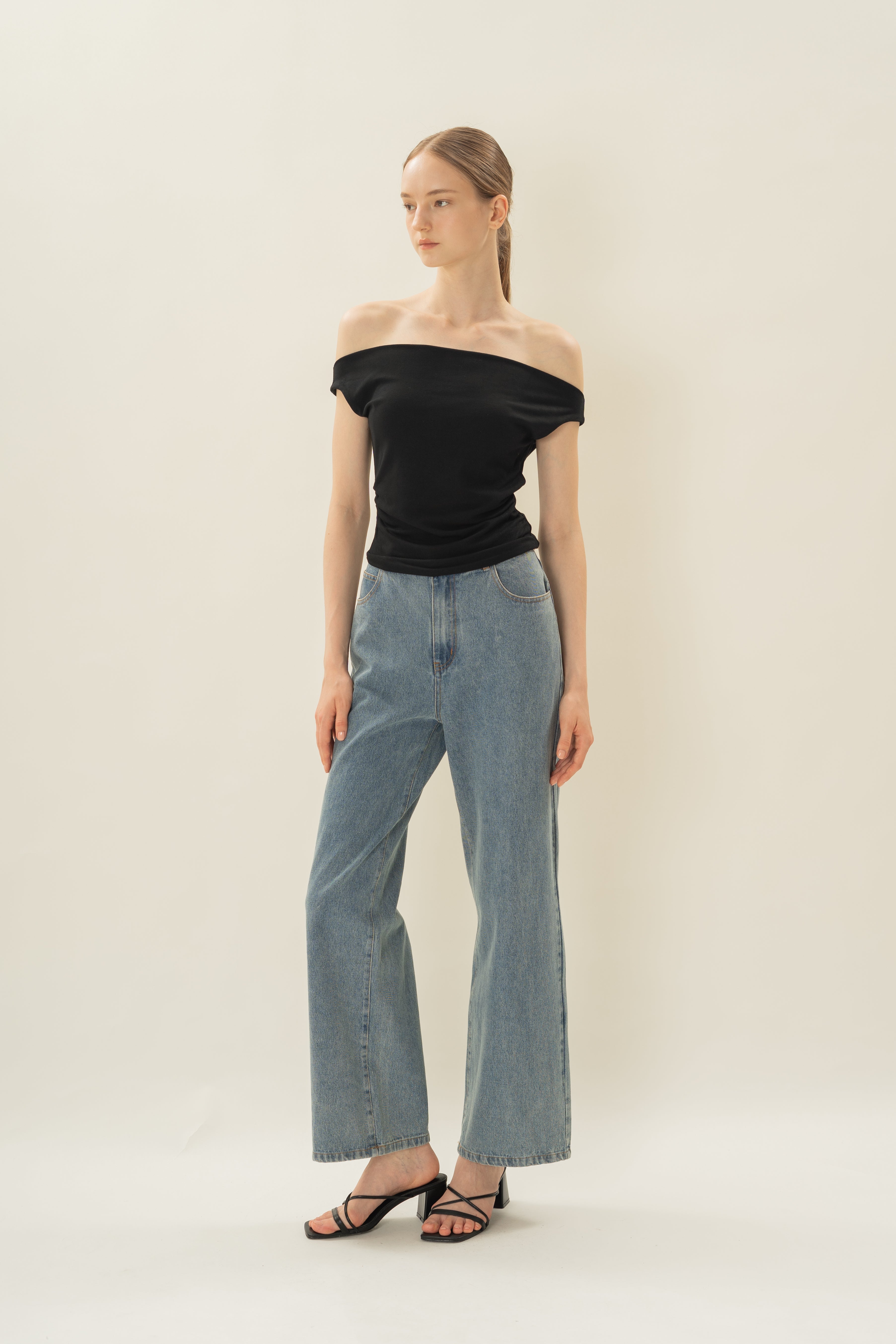 Off Shoulder Ruched Waist Top in Black