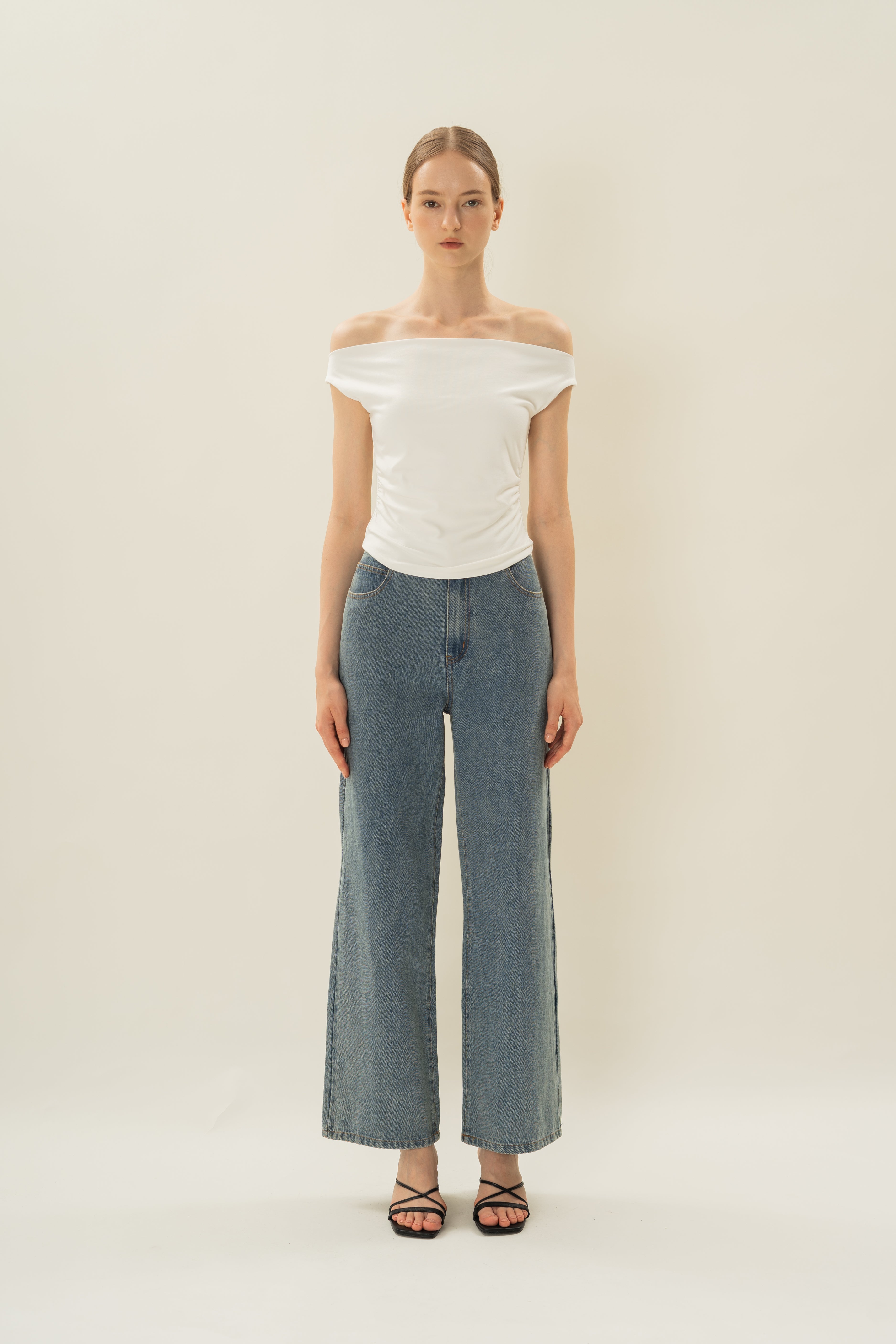 Off Shoulder Ruched Waist Top in White