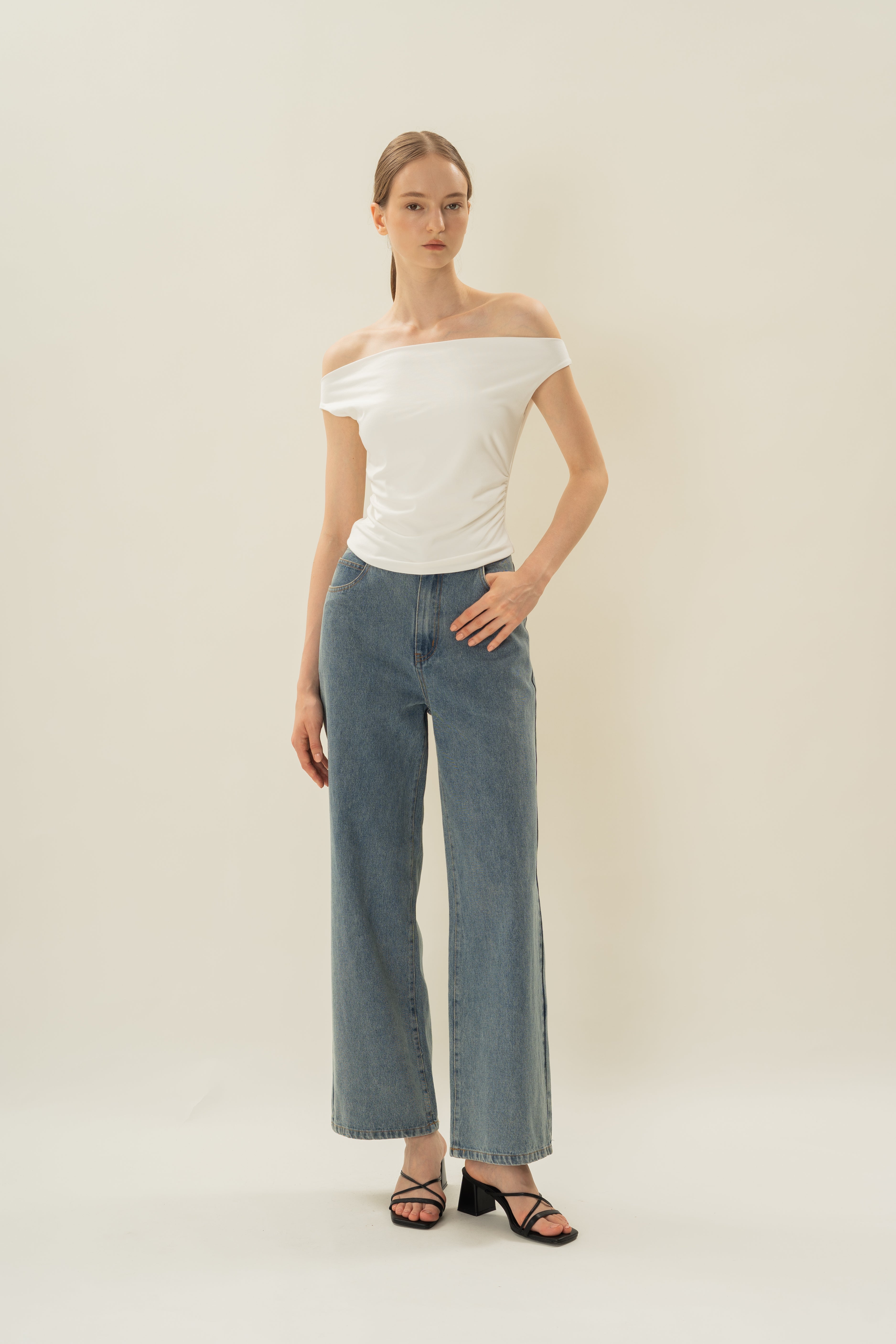Off Shoulder Ruched Waist Top in White
