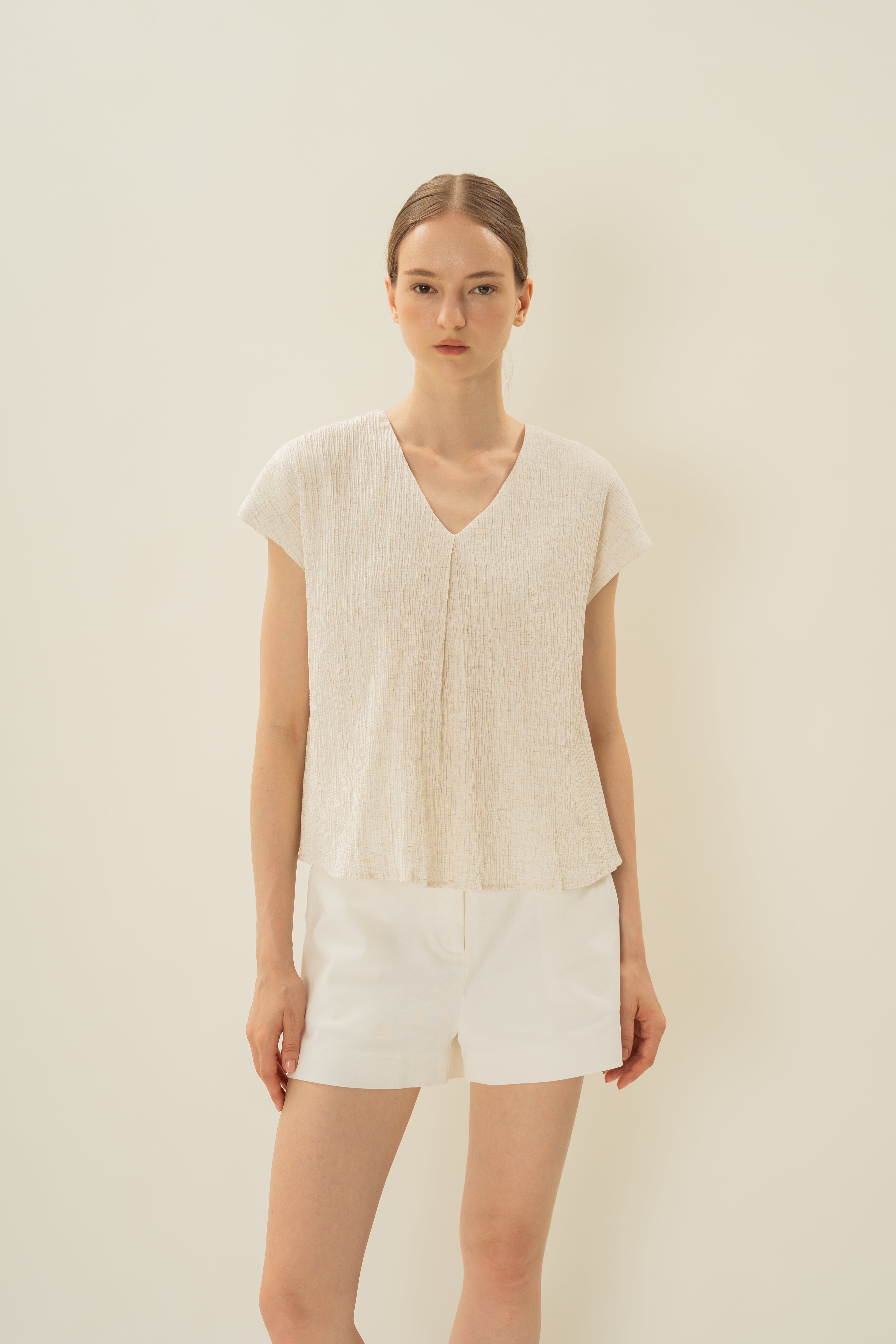 Textured V Neck Sleeved Top in White