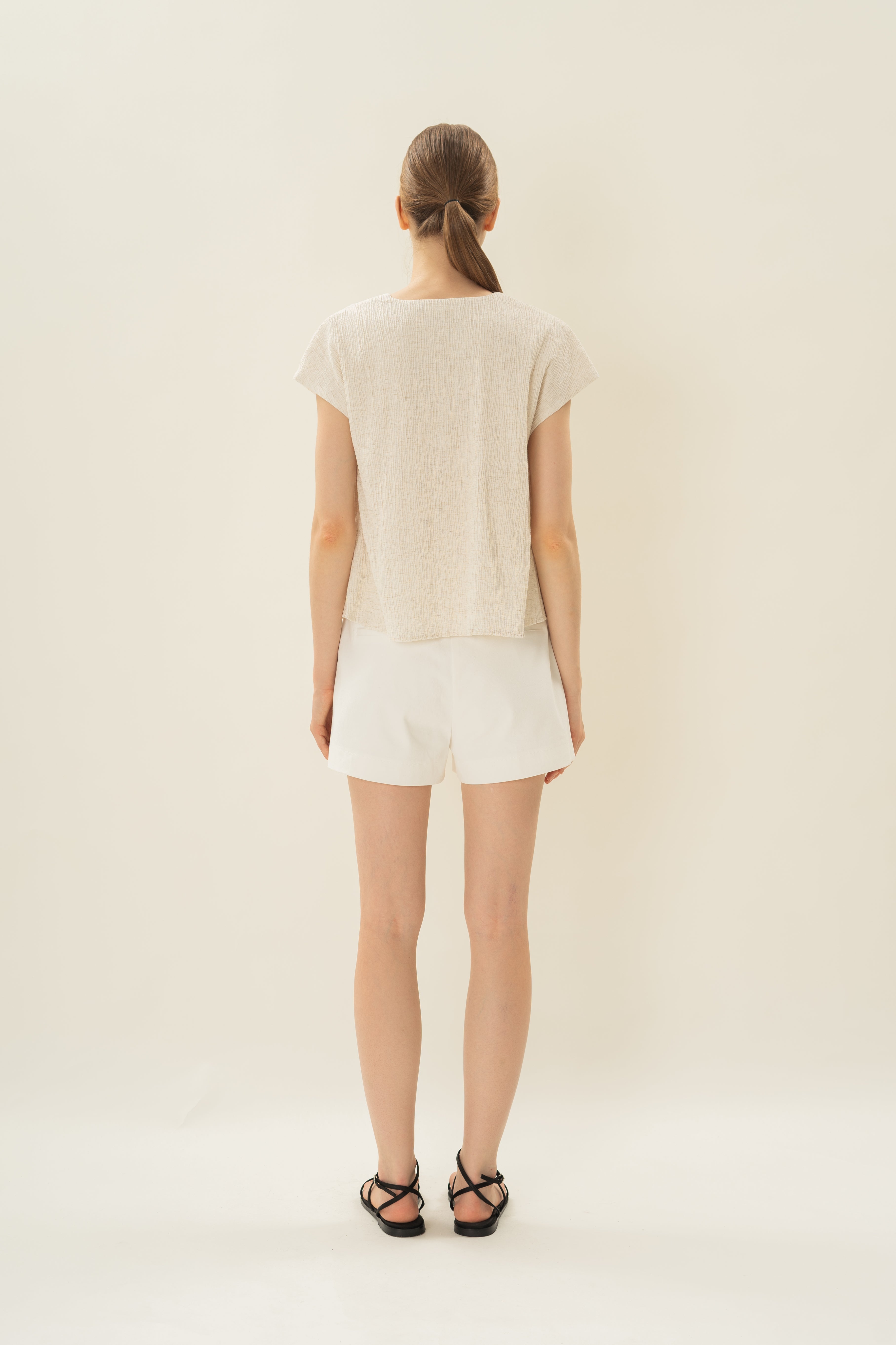 Textured V Neck Sleeved Top in White