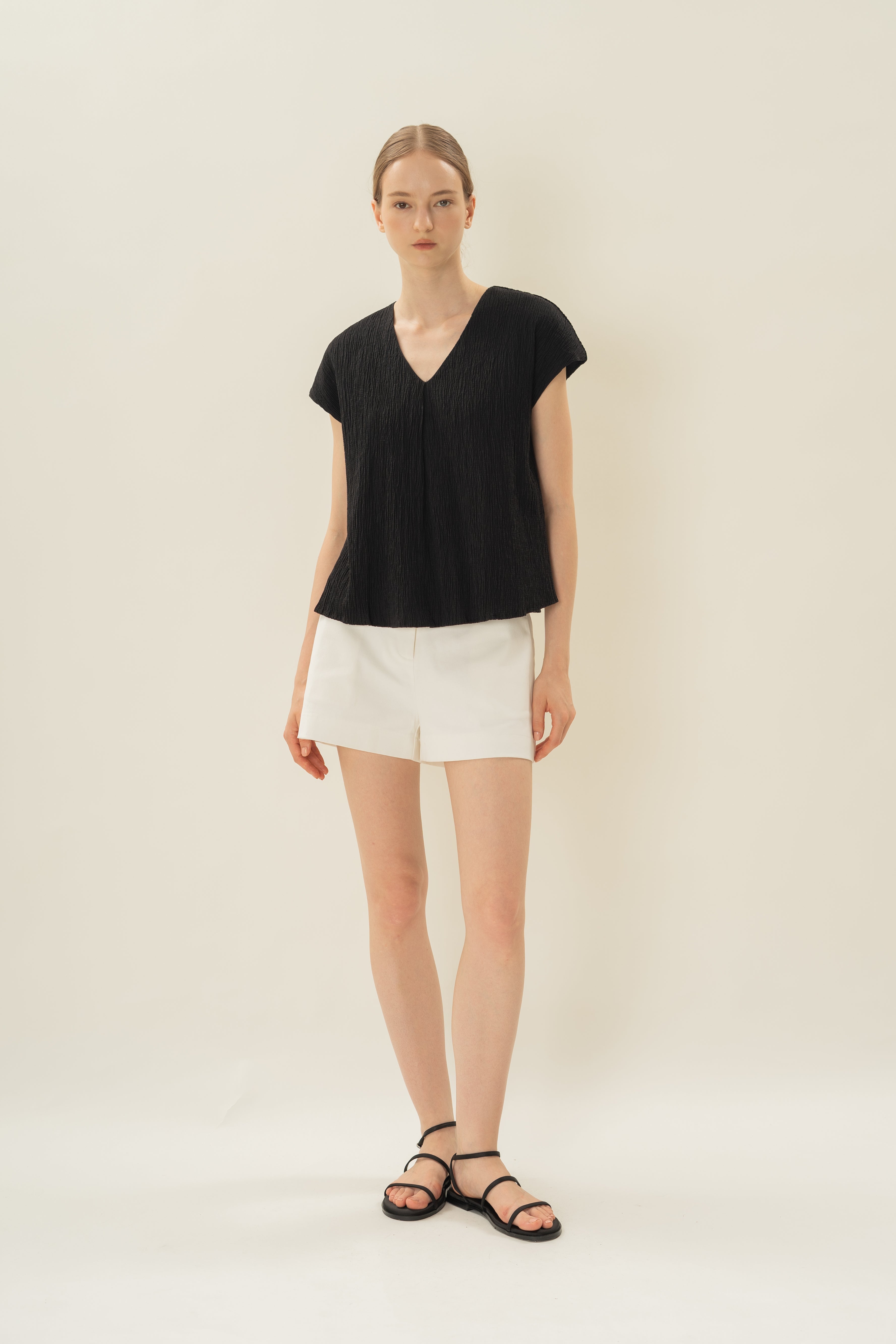 Textured V Neck Sleeved Top in Black