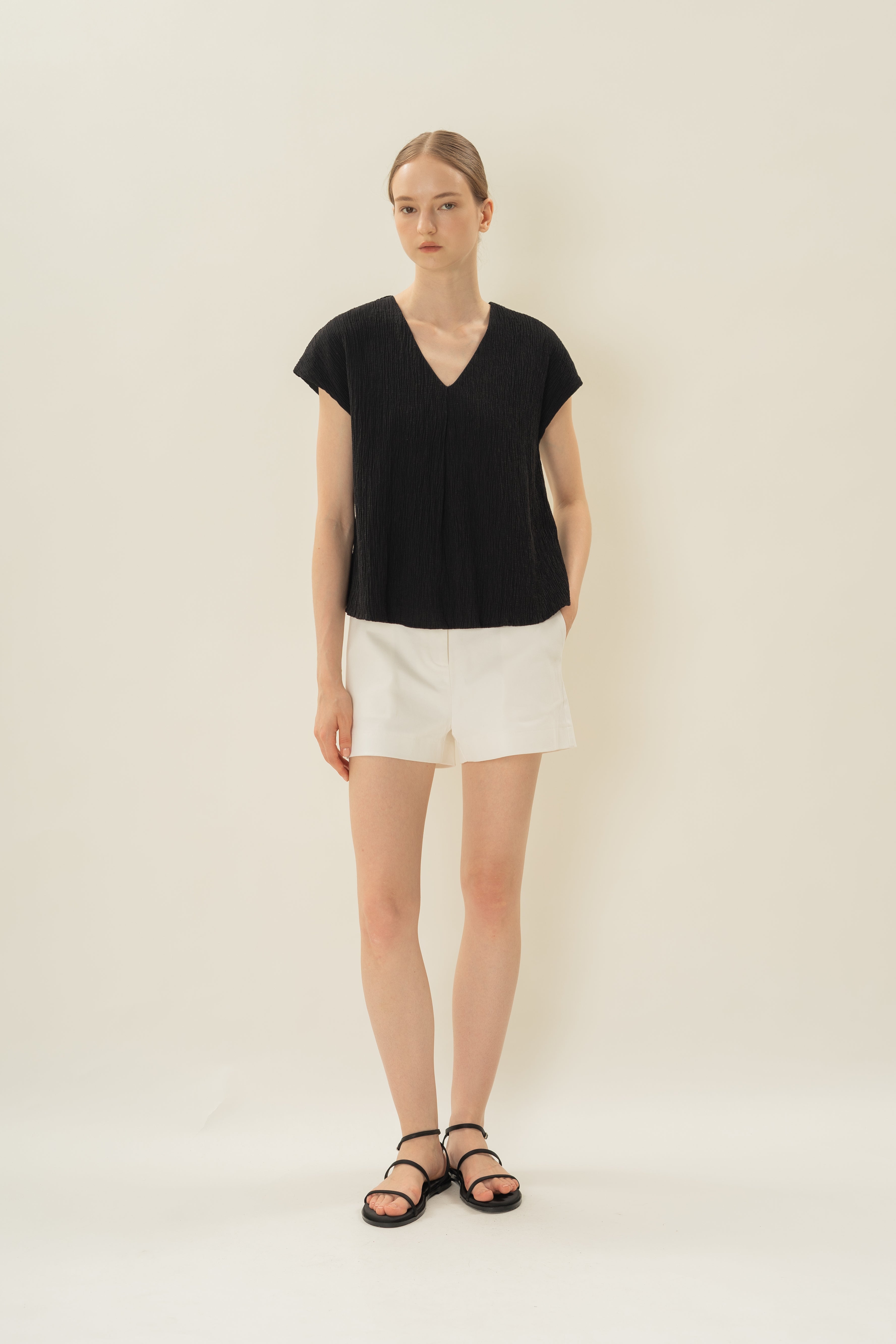 Textured V Neck Sleeved Top in Black