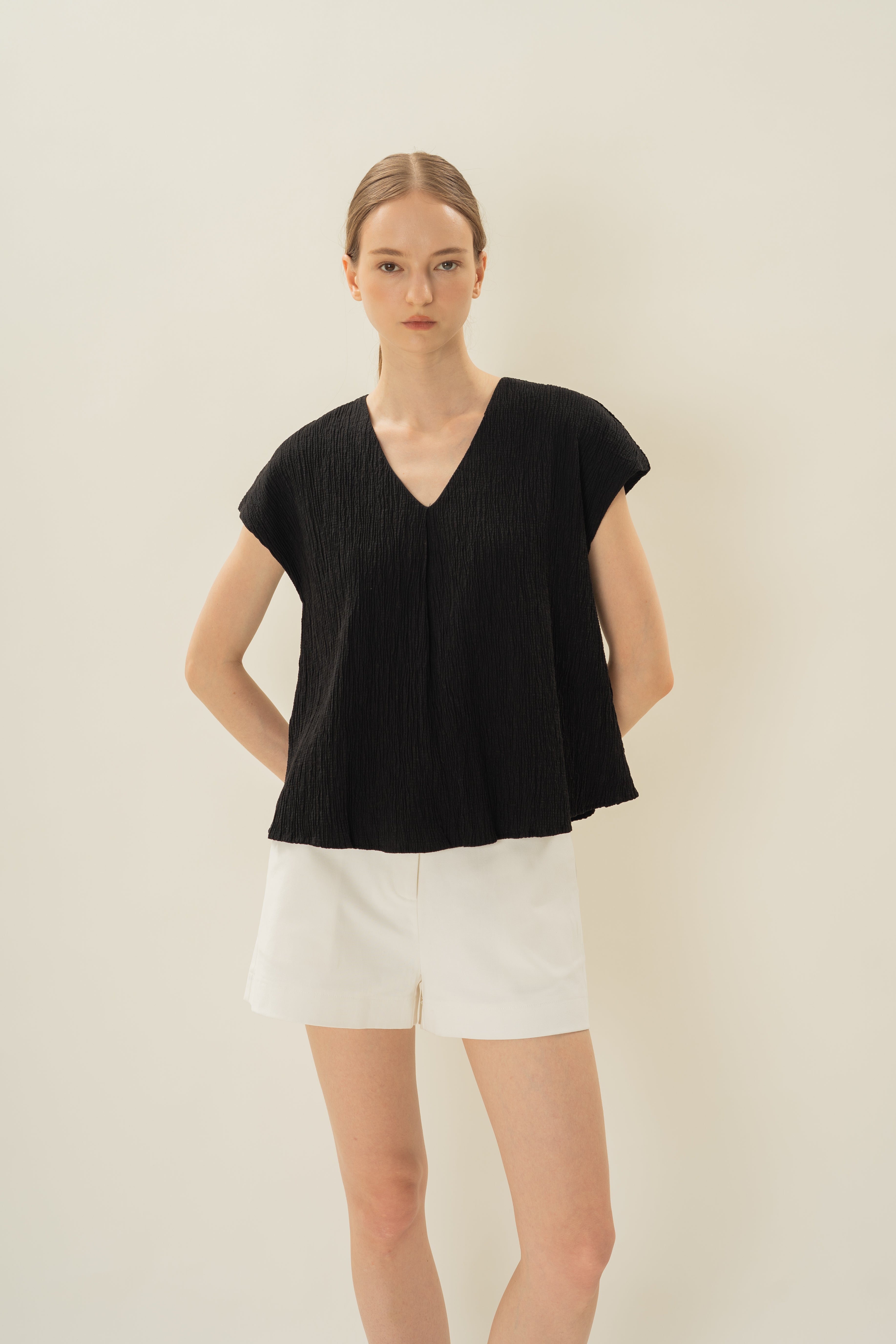 Textured V Neck Sleeved Top in Black