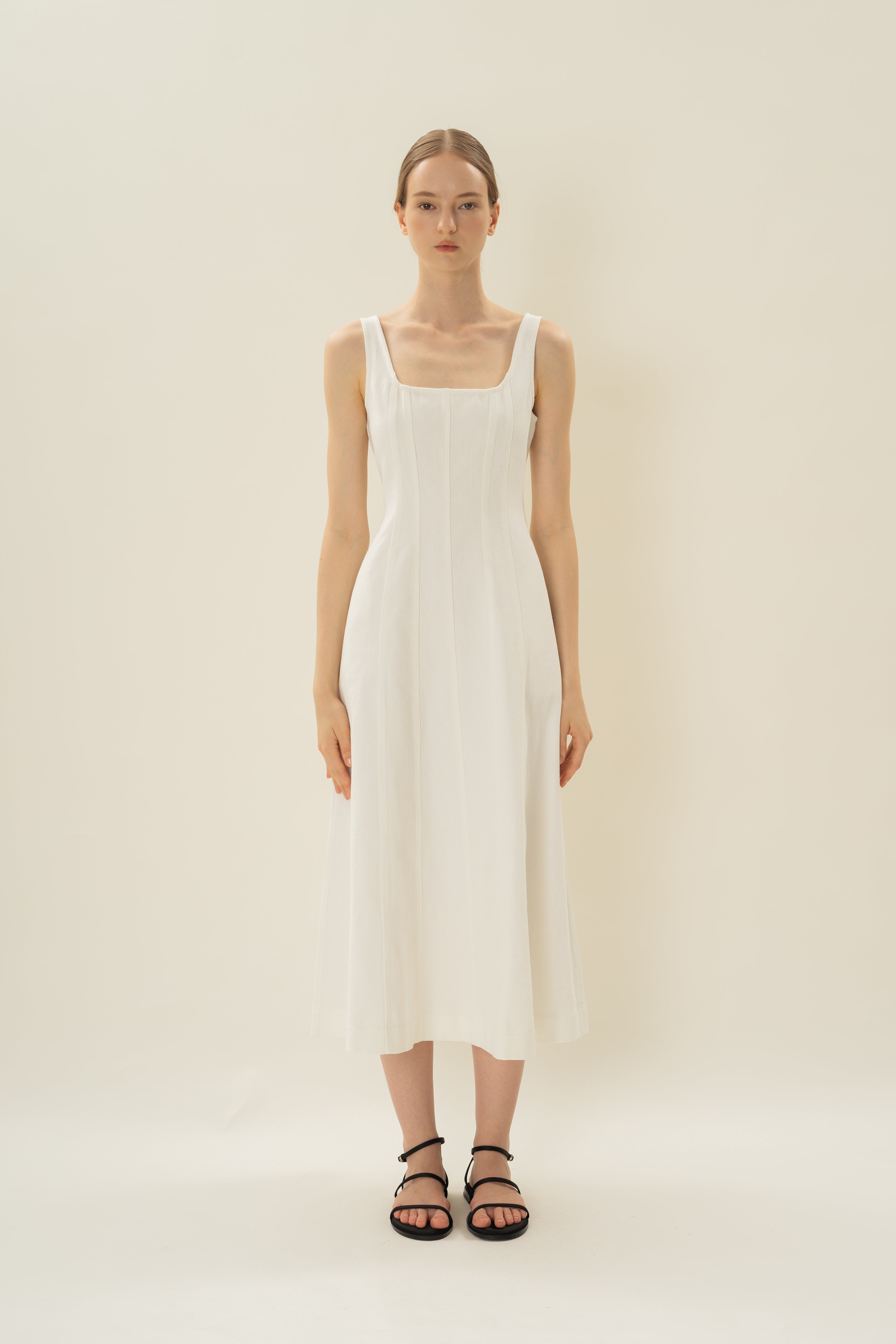 Scoop Neck Denim Dress in White