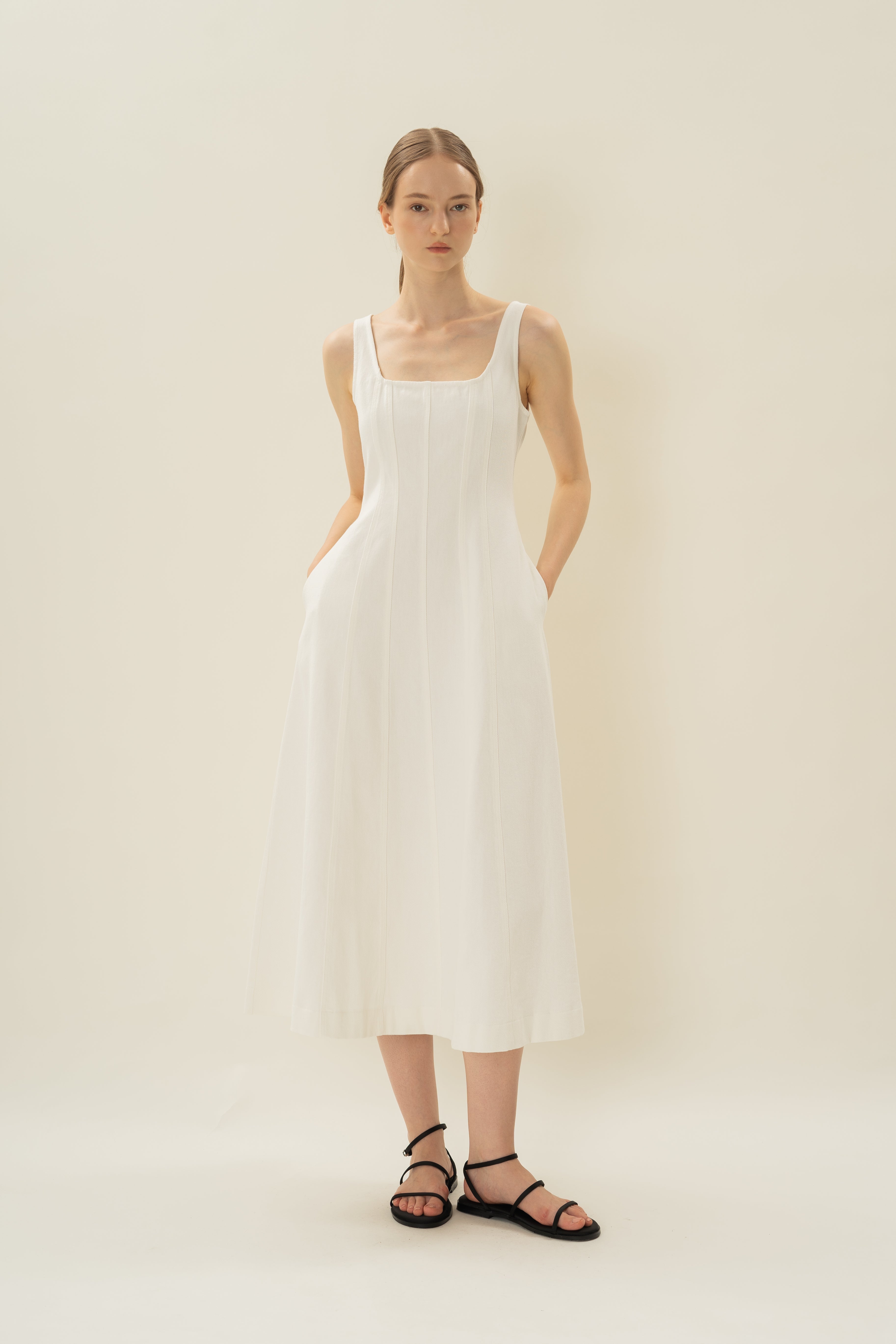 Scoop Neck Denim Dress in White