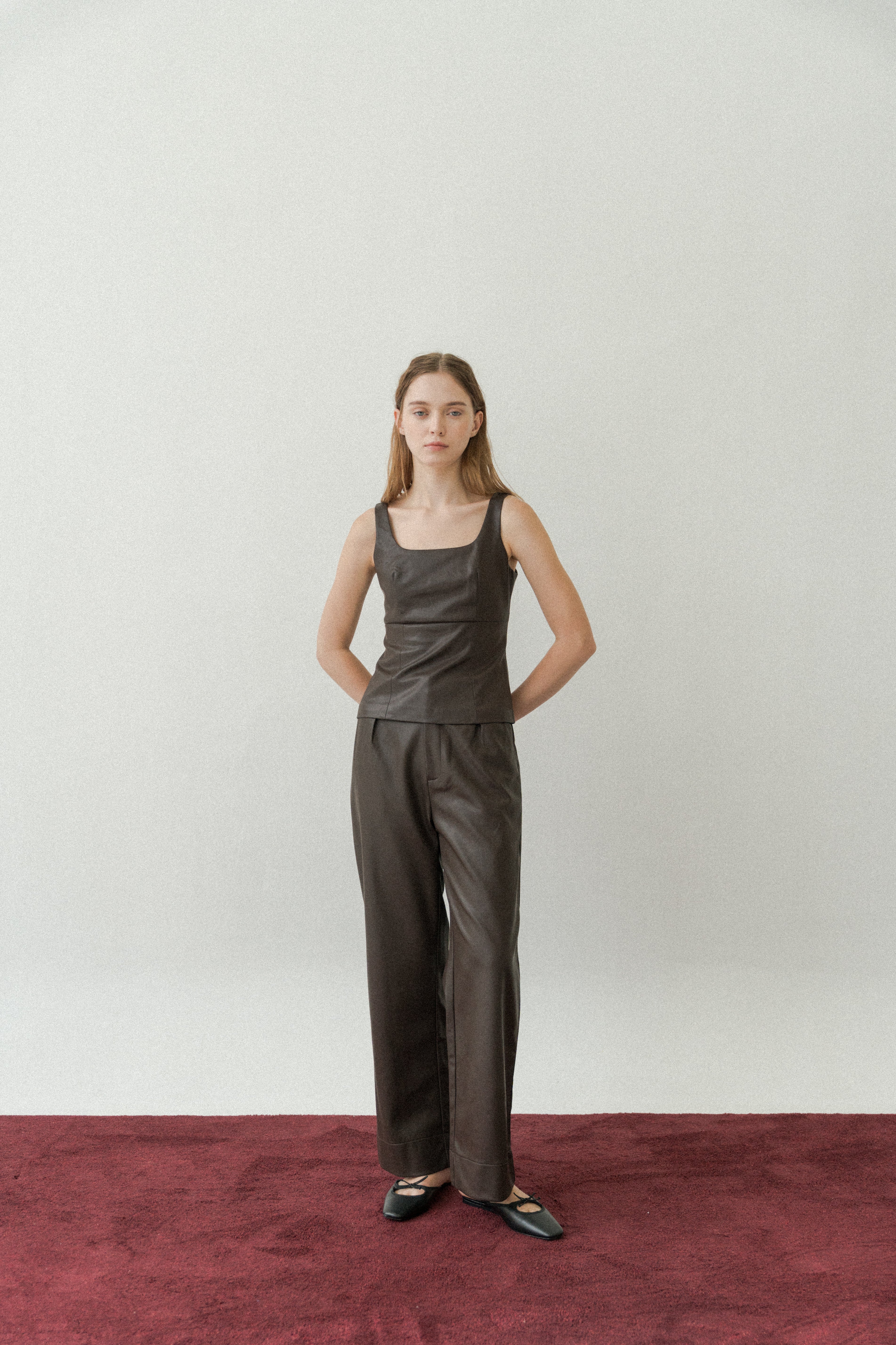 Faux Leather Pleated Trousers in Umber