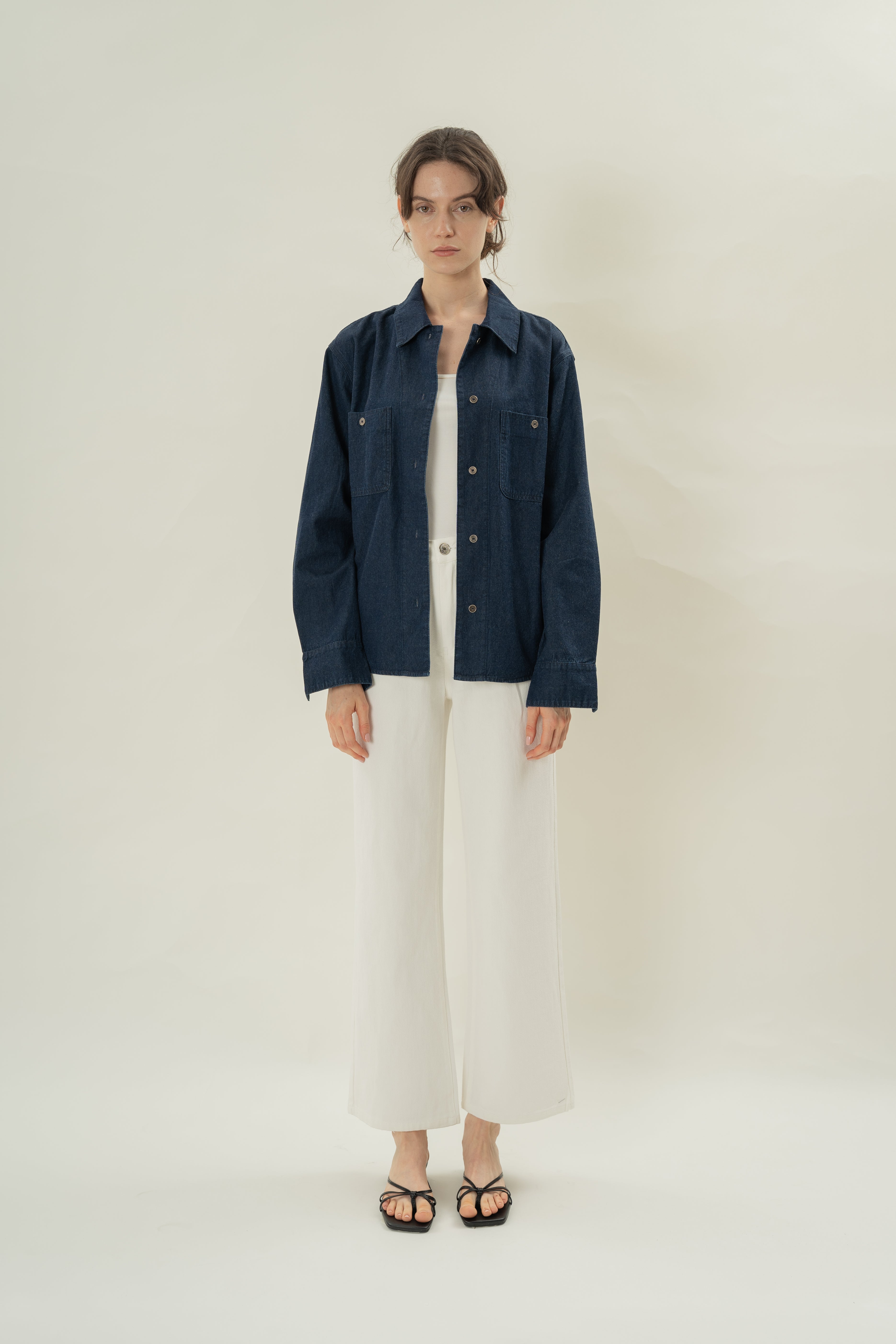 Button Through Denim Long Sleeved Shirt in Dark Wash