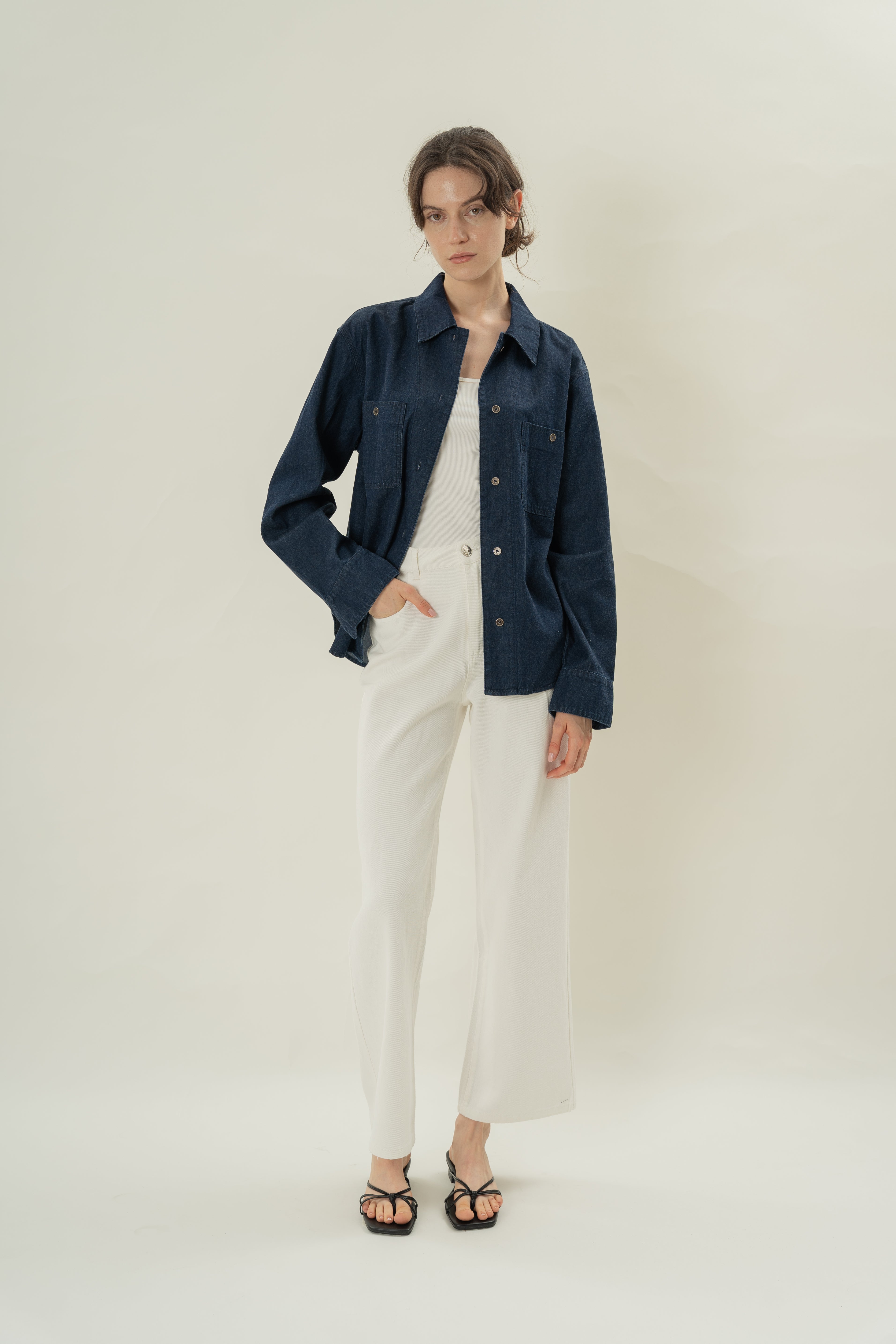 Button Through Denim Long Sleeved Shirt in Dark Wash
