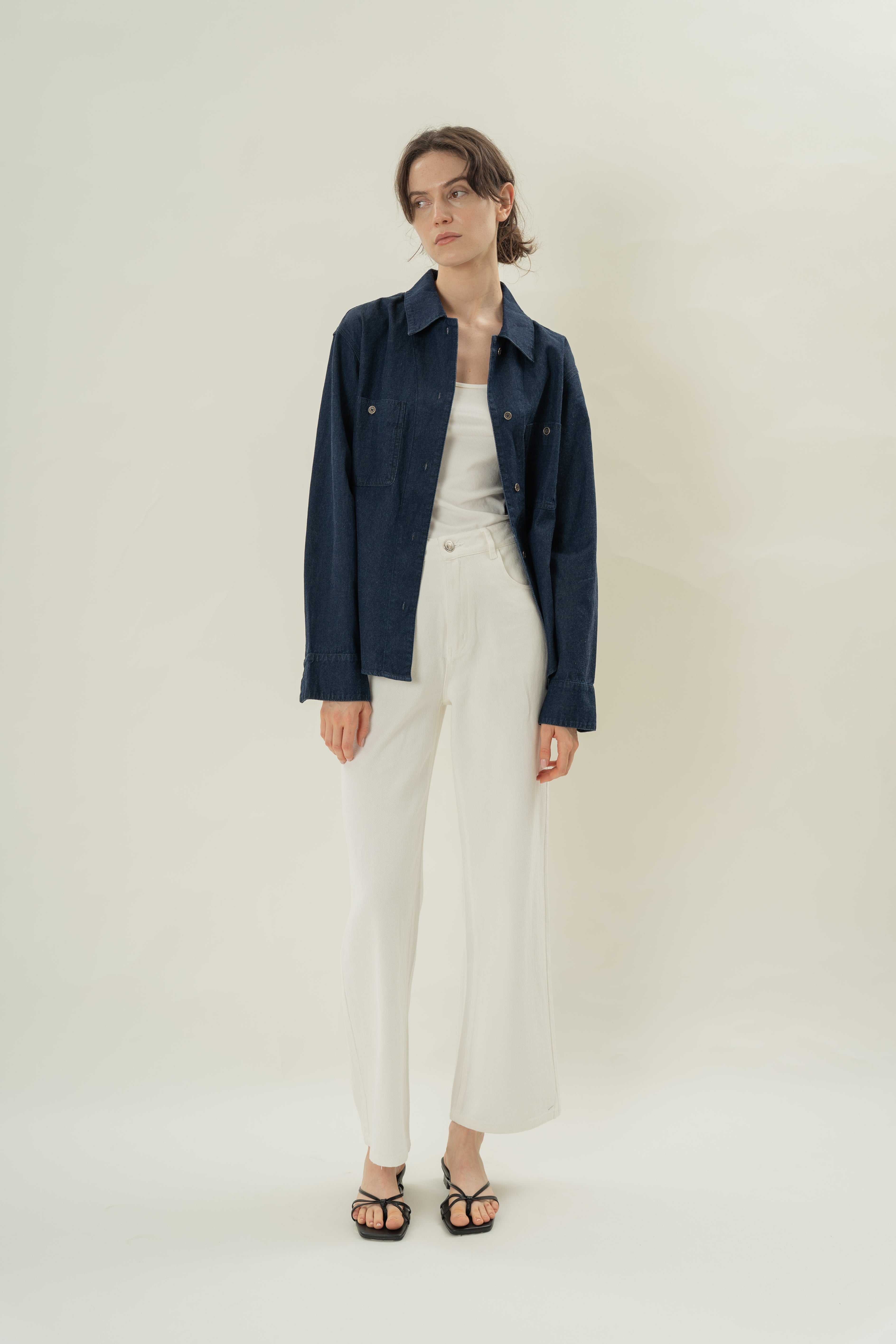Button Through Denim Long Sleeved Shirt in Dark Wash