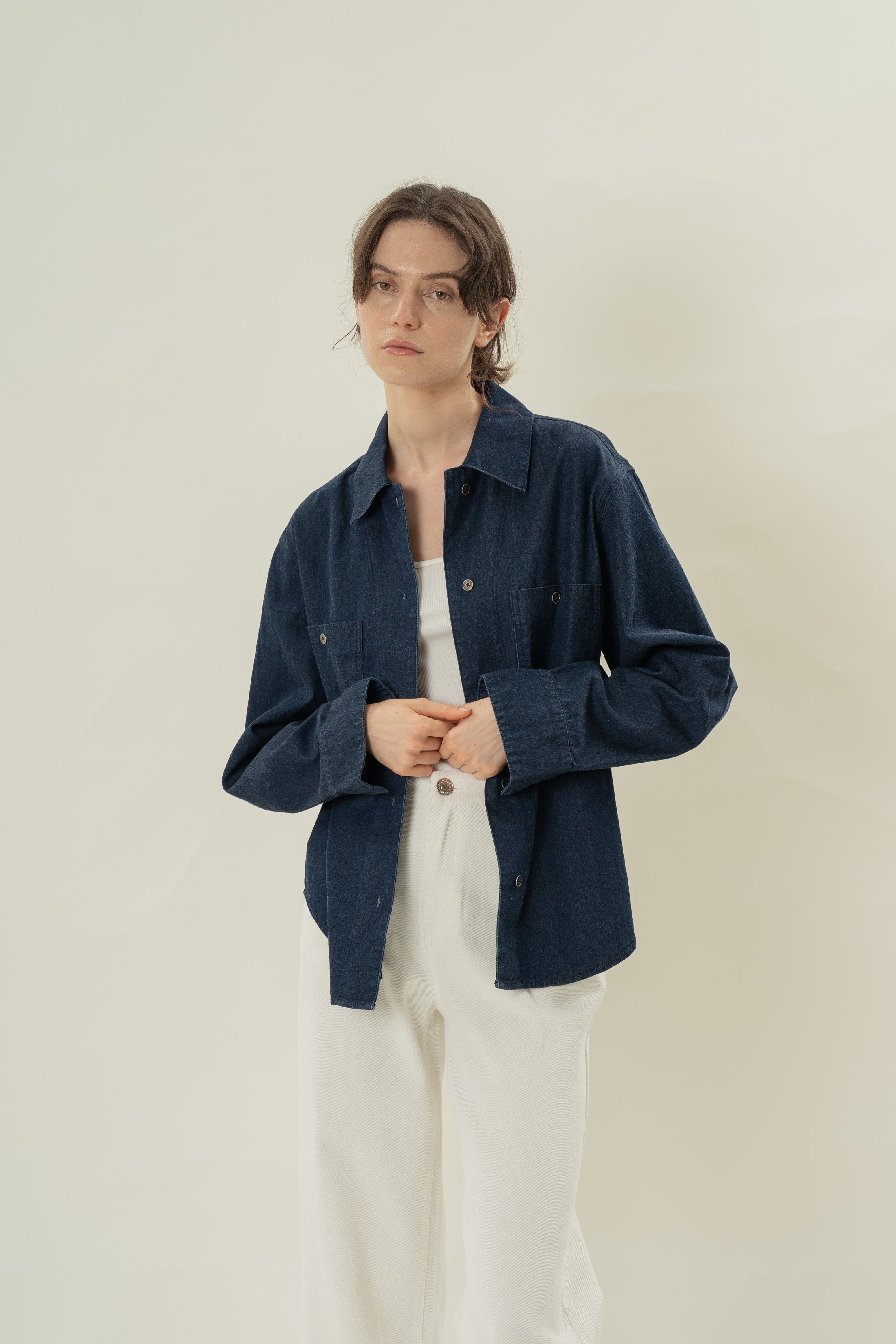 Button Through Denim Long Sleeved Shirt in Dark Wash