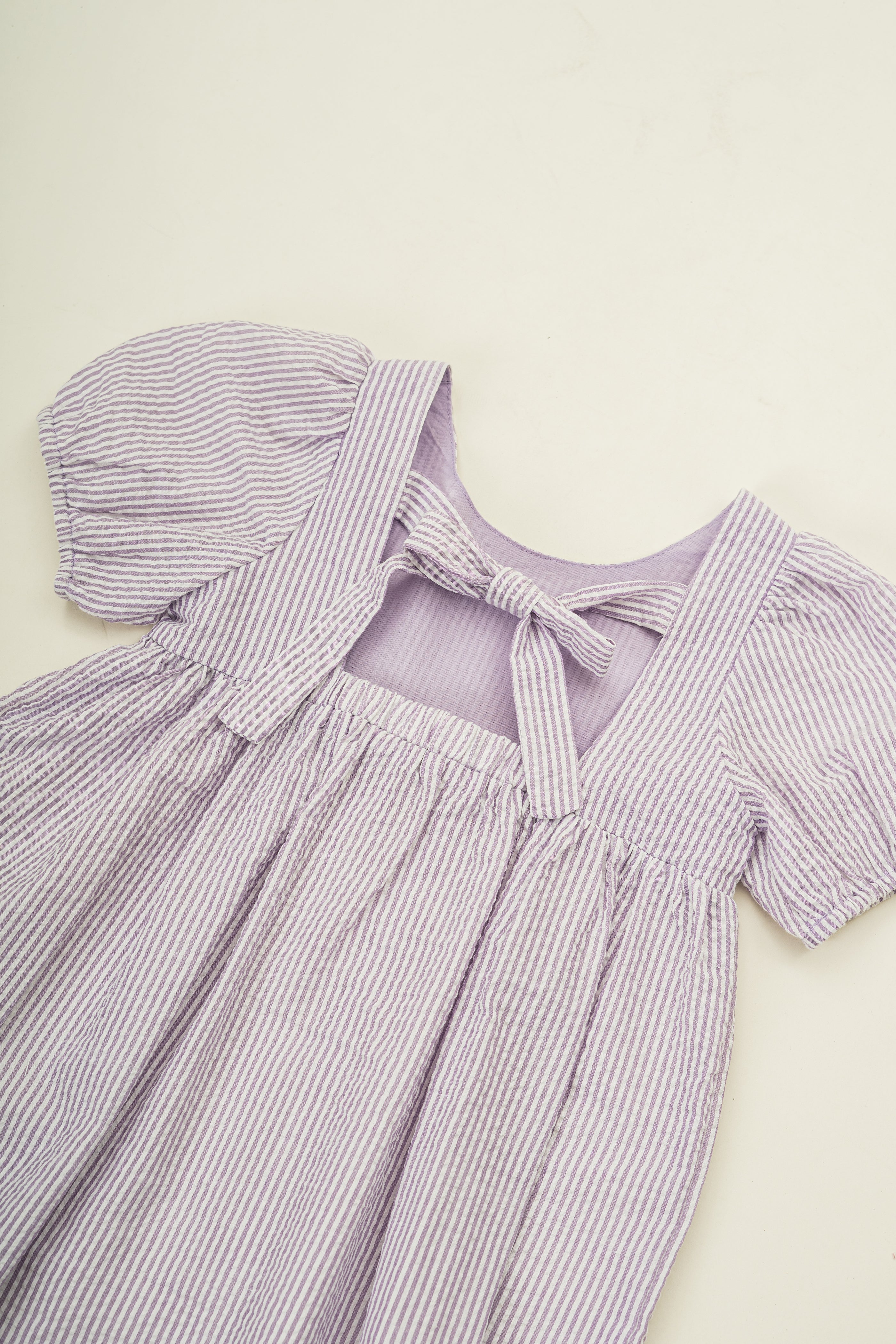 Mini Tie Back Short Sleeve Dress  in Seersucker Orchid Stripes