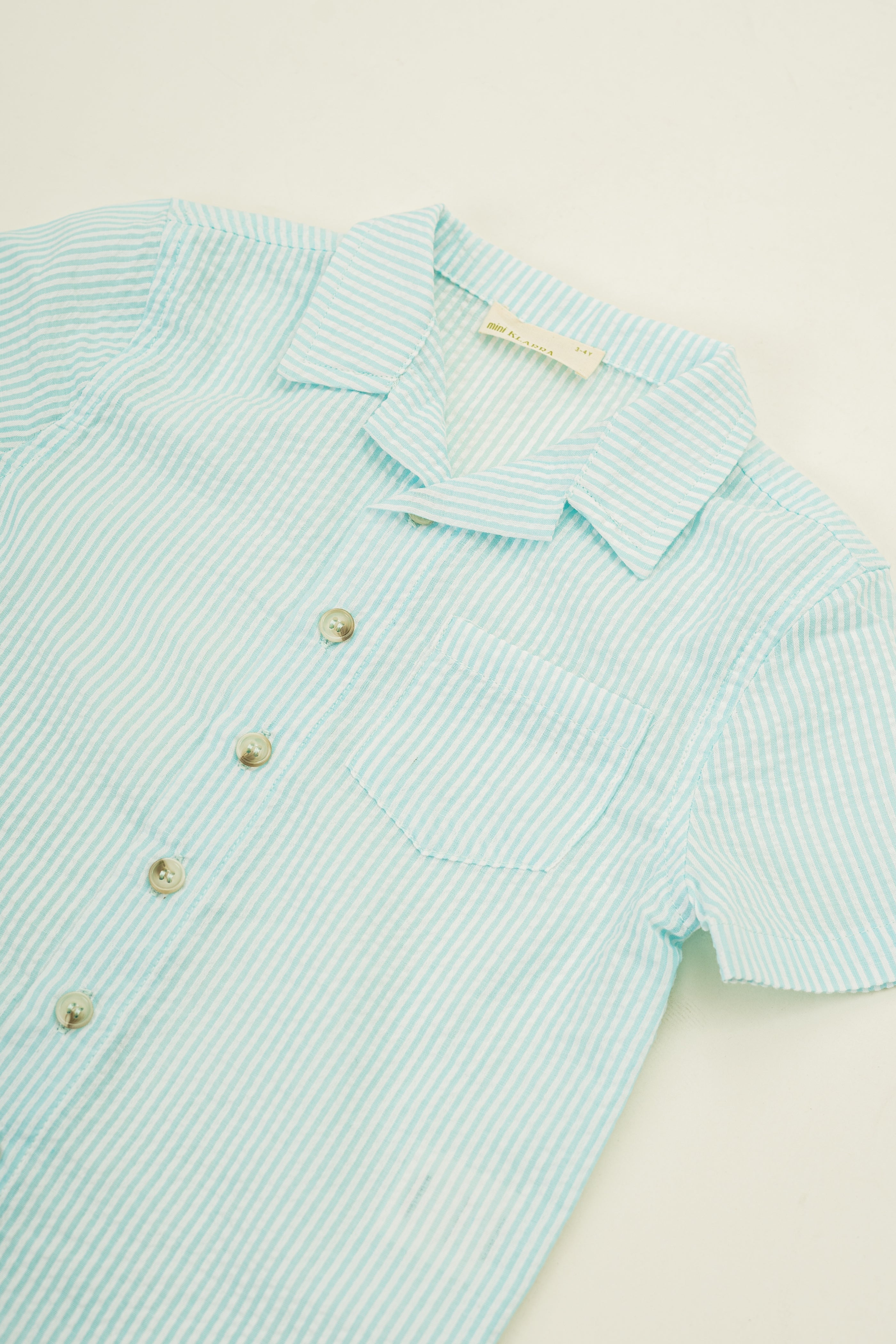 Mini Short Sleeve Pocket Shirt in Seersucker Marine Stripes