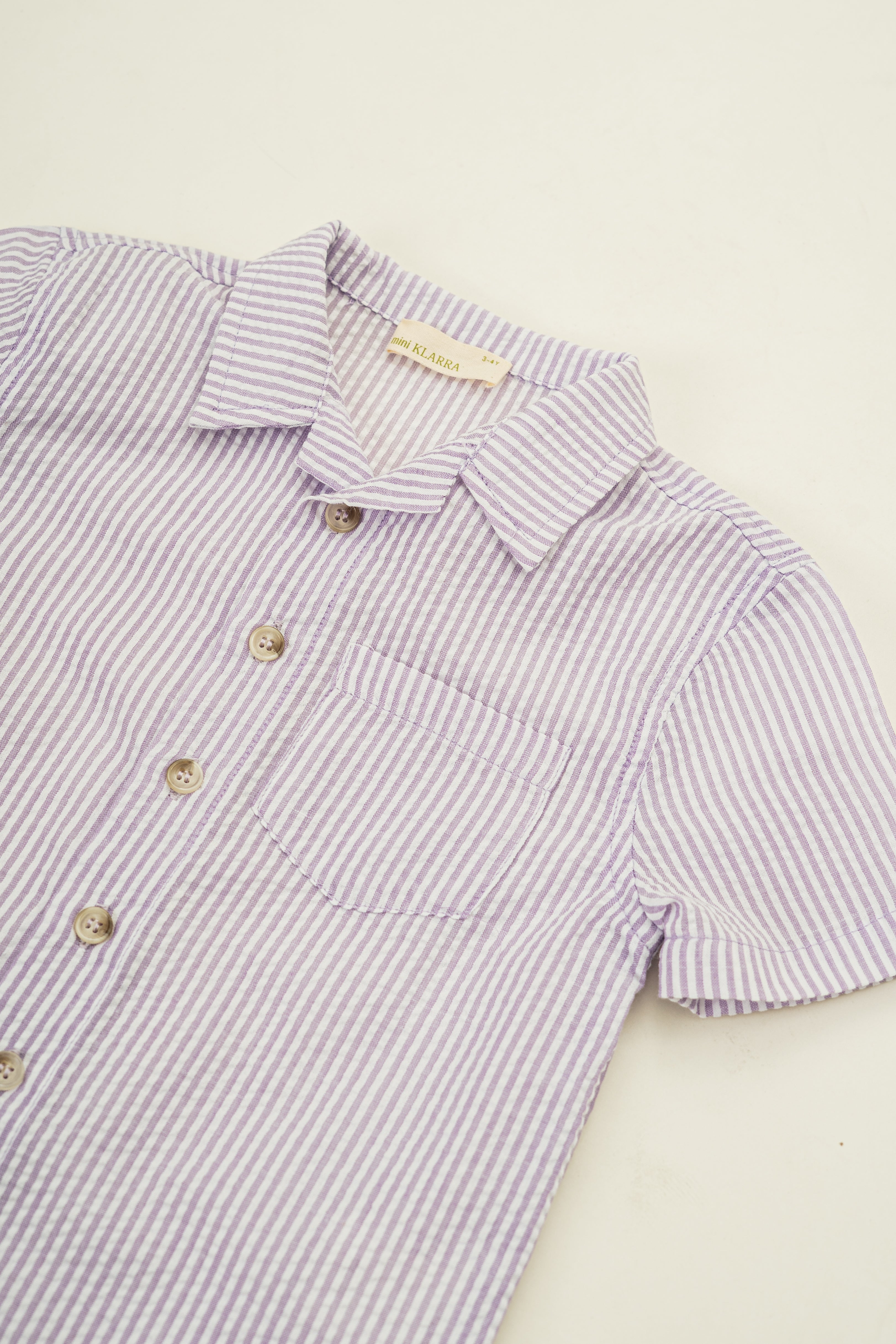 Mini Short Sleeve Pocket Shirt in Seersucker Orchid Stripes