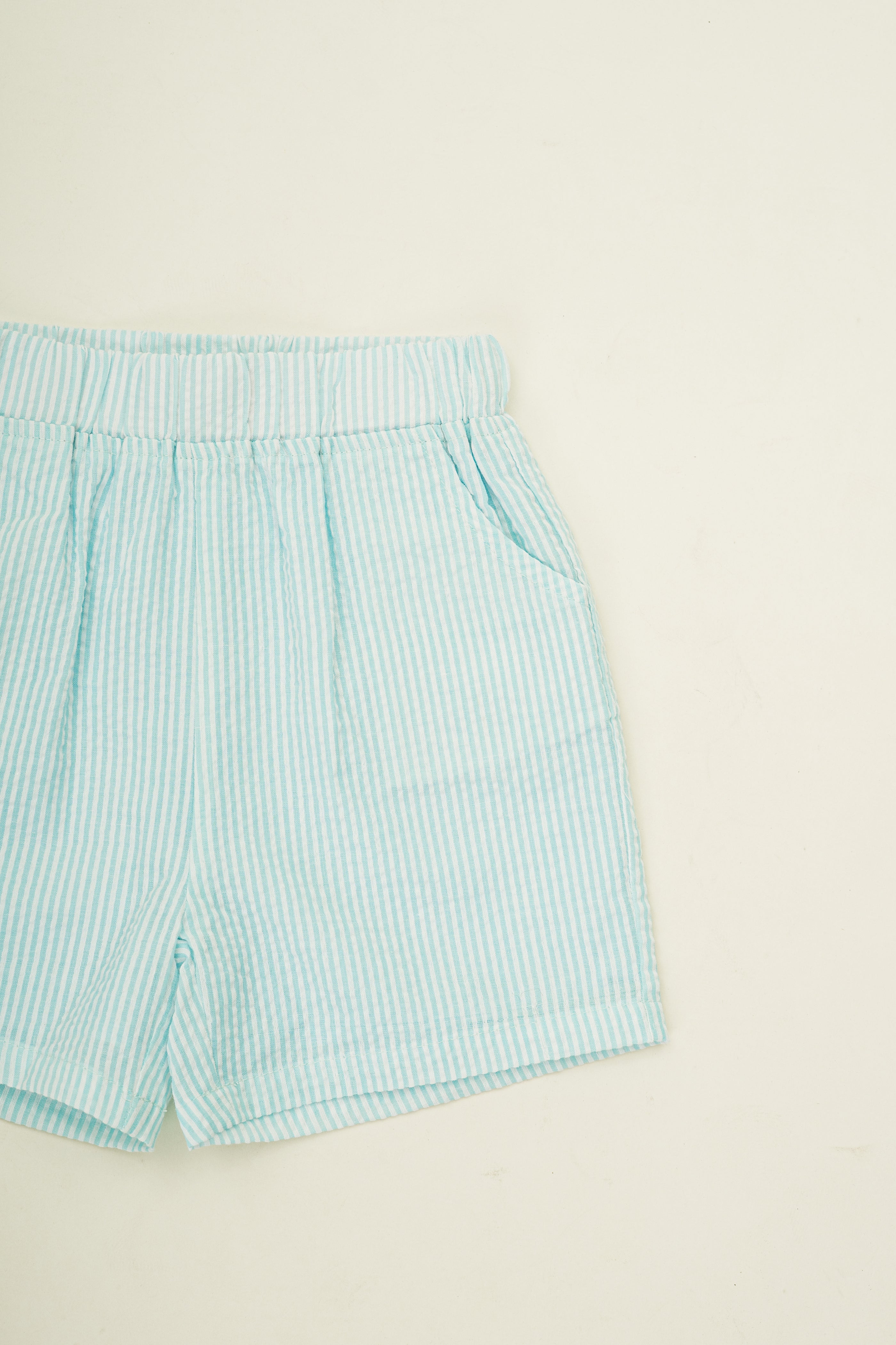 Mini Straight Cut Shorts in Seersucker Marine Stripes