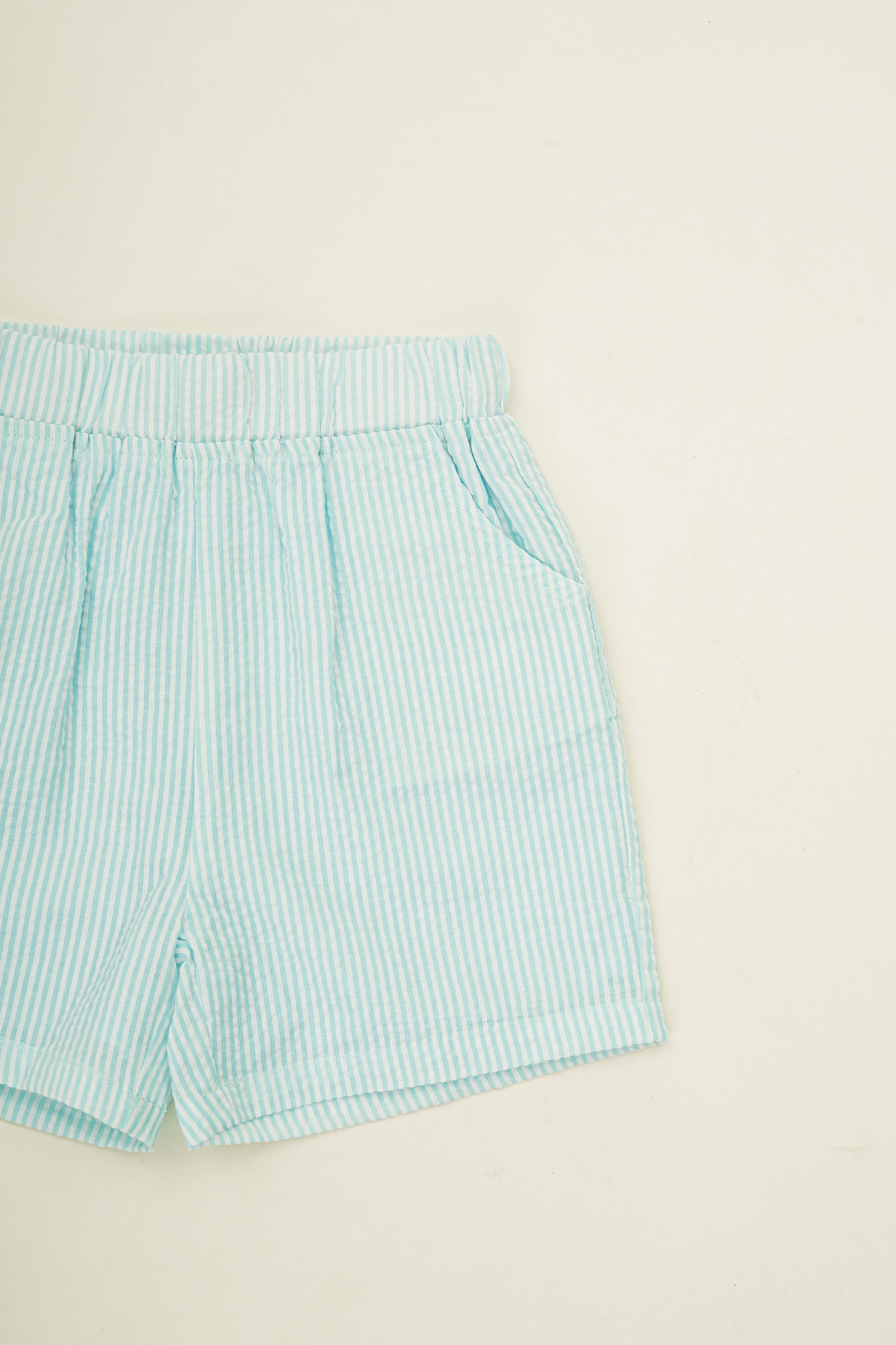 Mini Straight Cut Shorts in Seersucker Marine Stripes