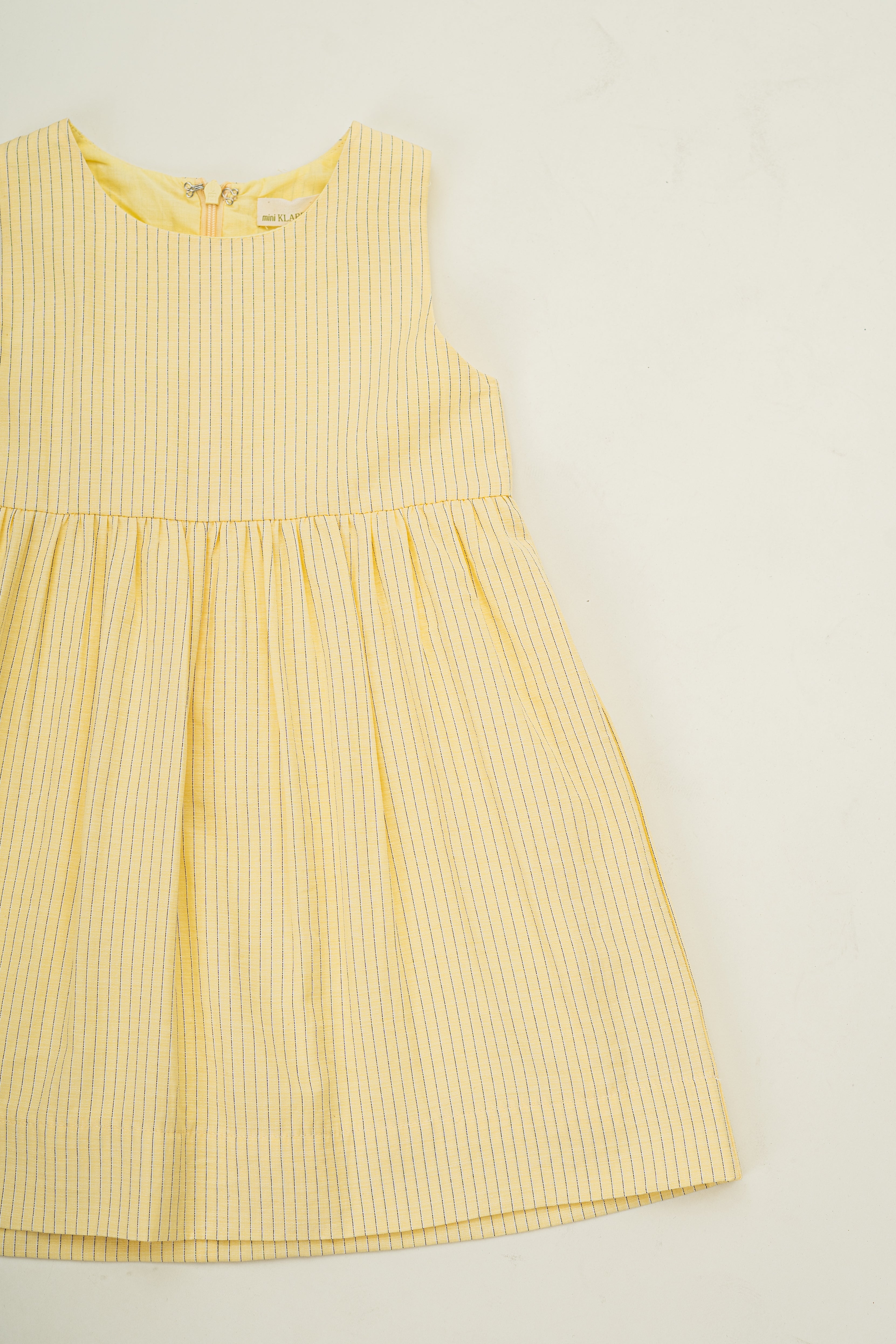 Mini Gathered Waist Dress in Linen Blend Lemon Stripes