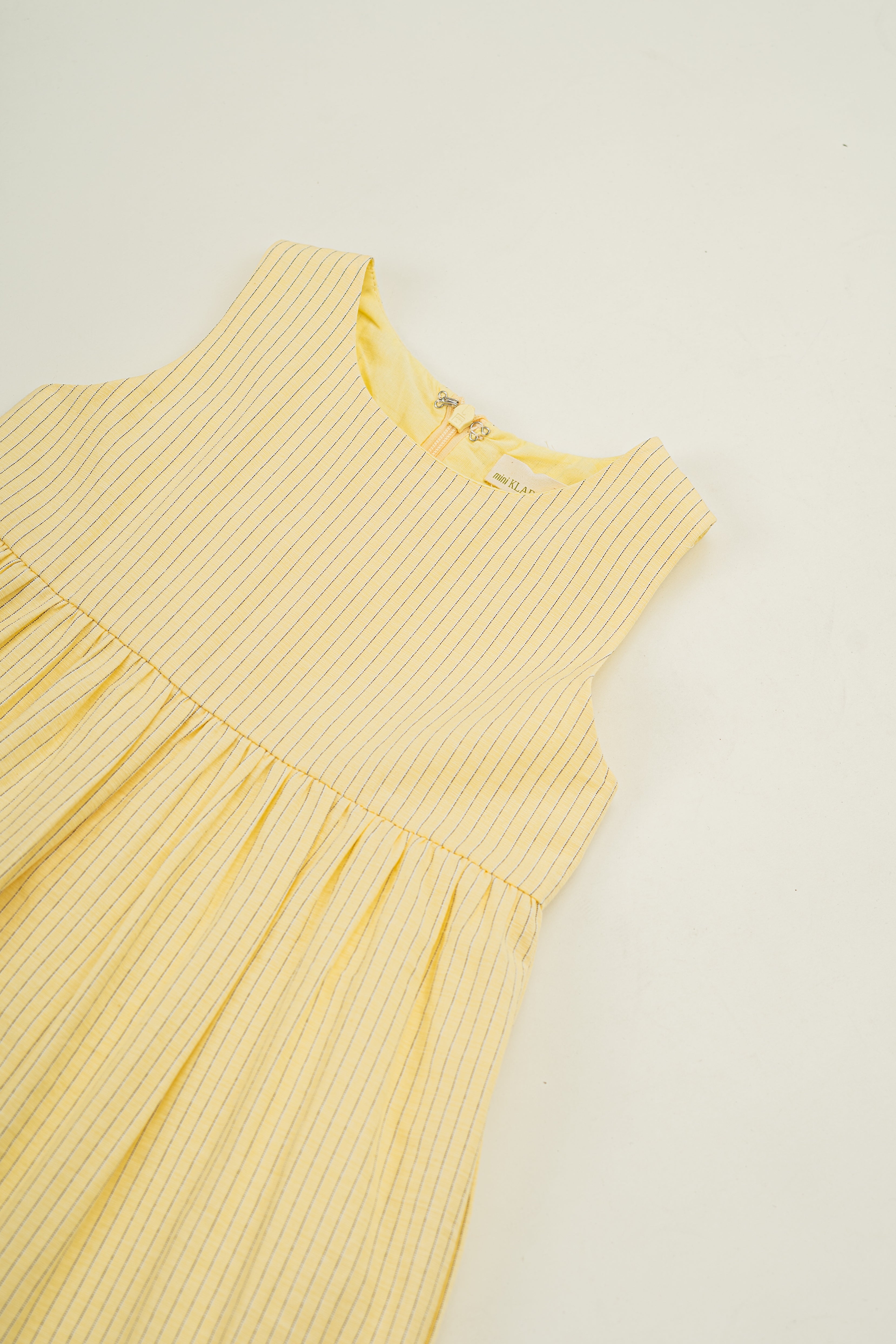 Mini Gathered Waist Dress in Linen Blend Lemon Stripes