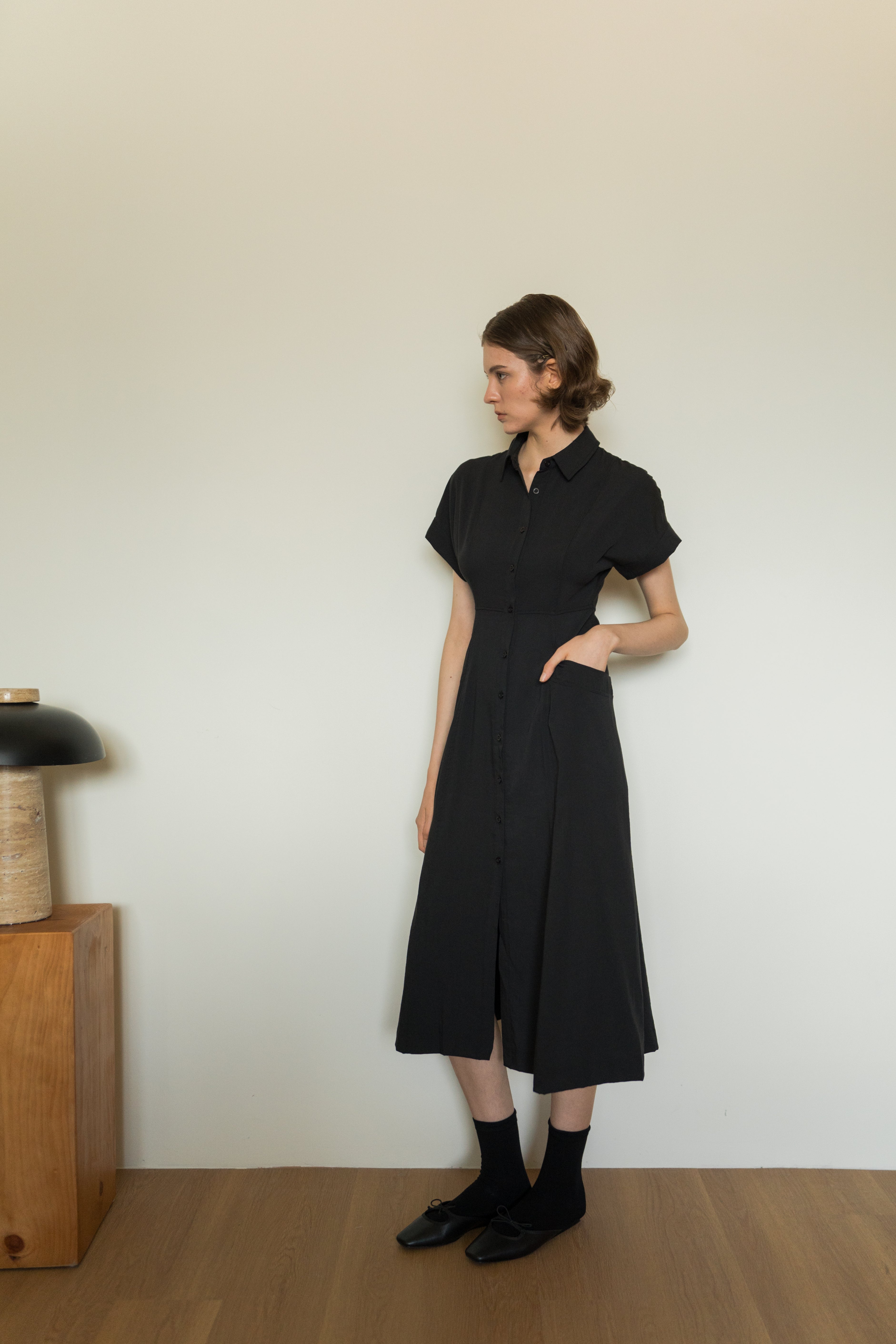 A-line Shirt Dress with Pockets in Black