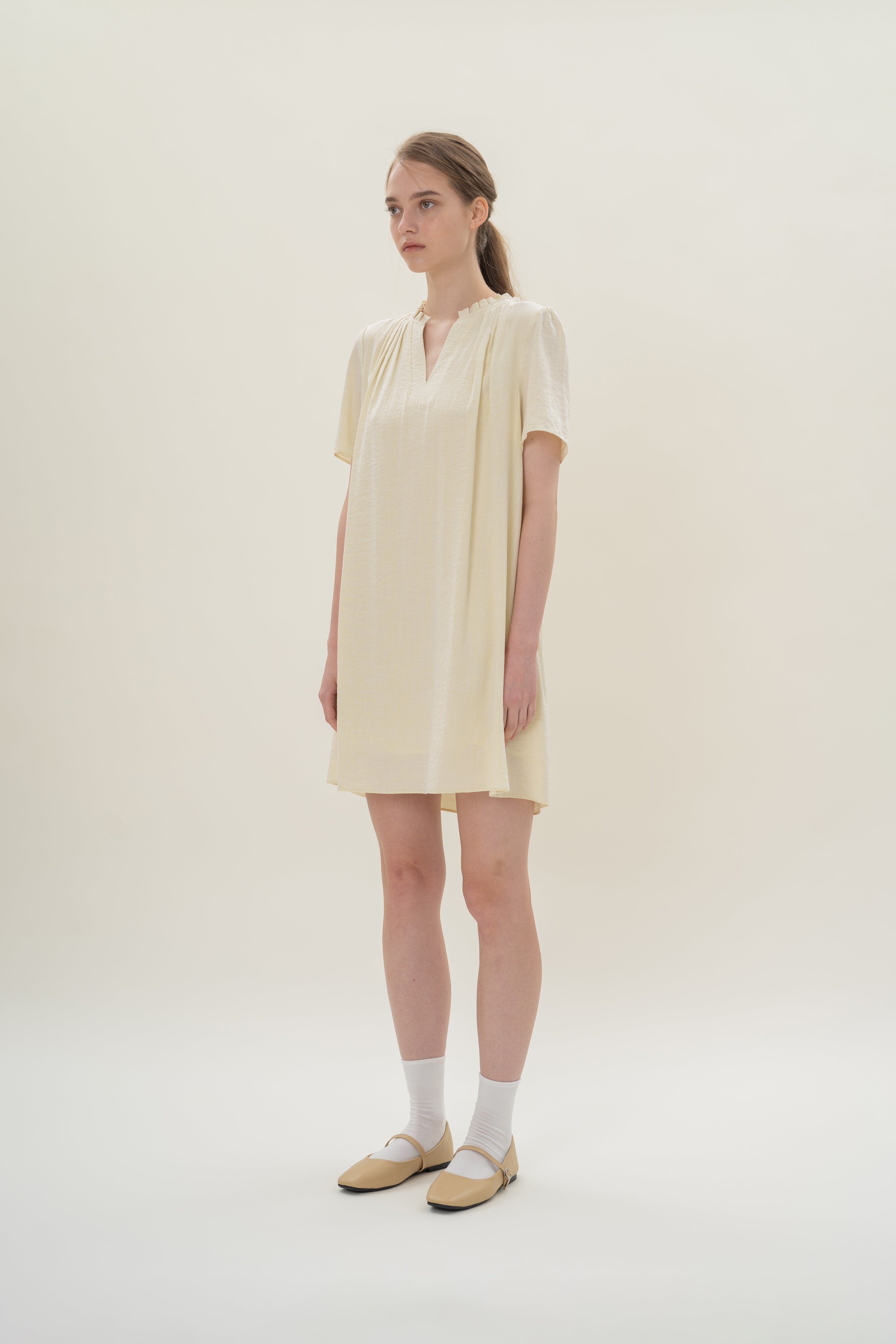 Pleated V Neck Dress in Natural