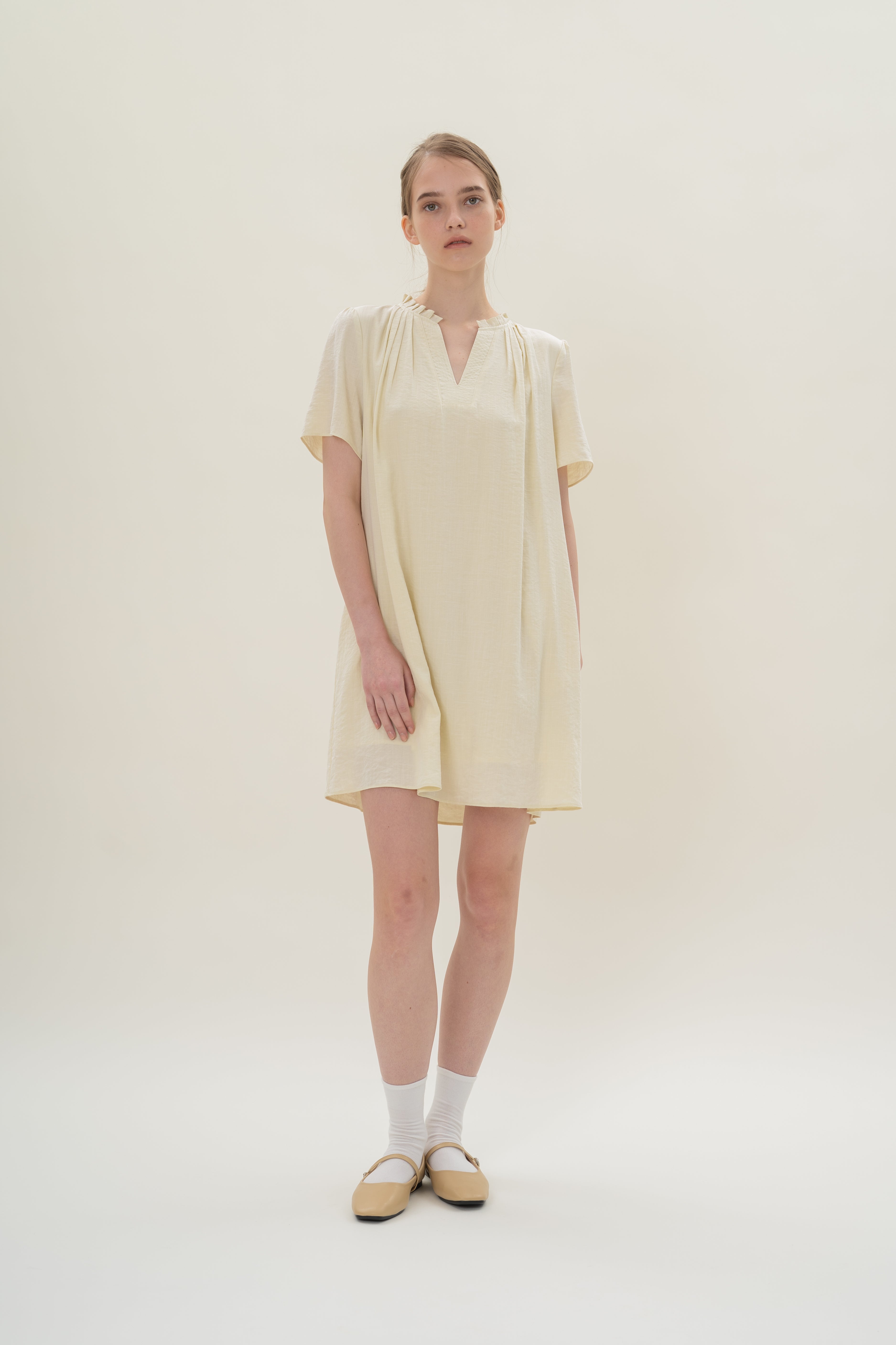 Pleated V Neck Dress in Natural