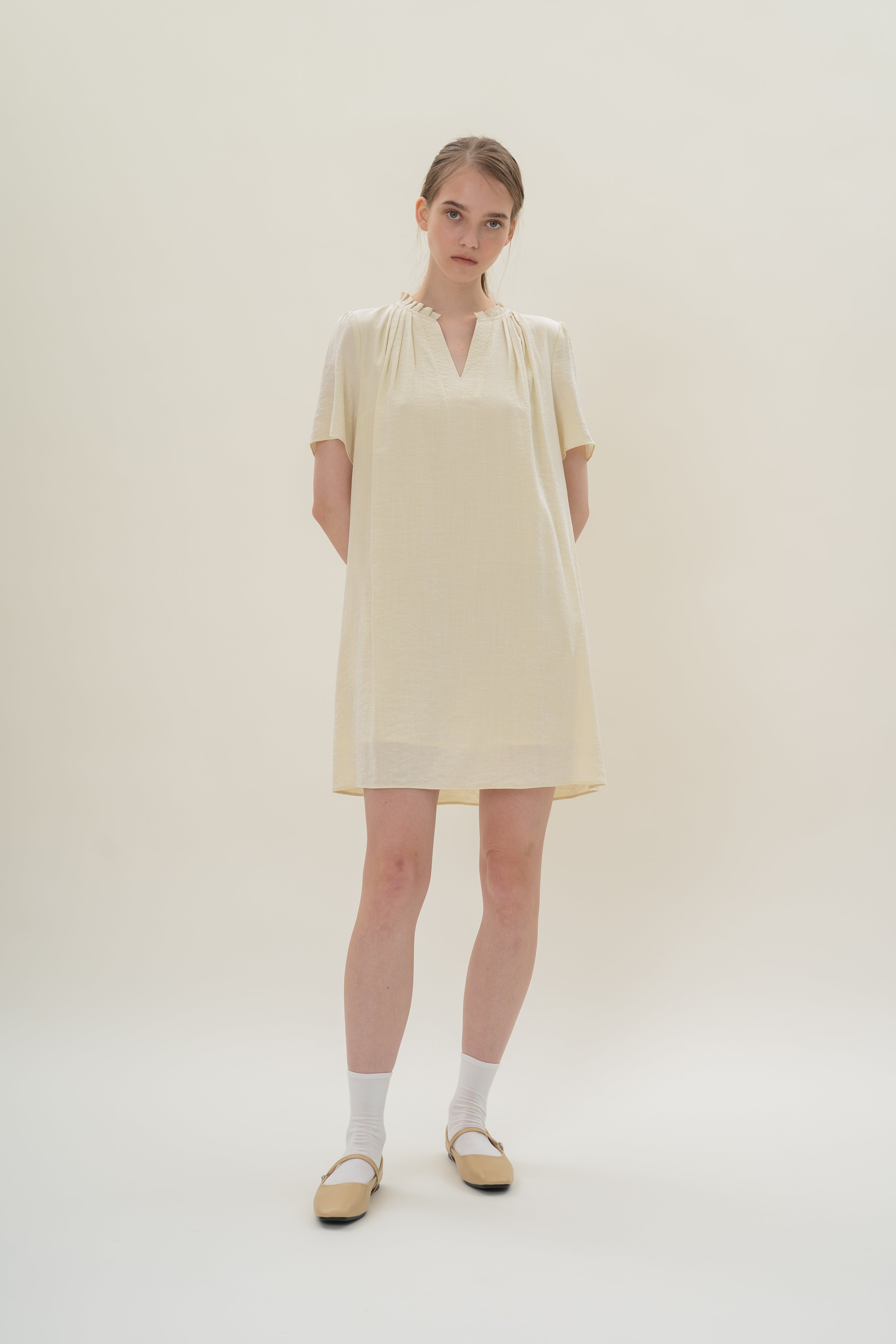 Pleated V Neck Dress in Natural