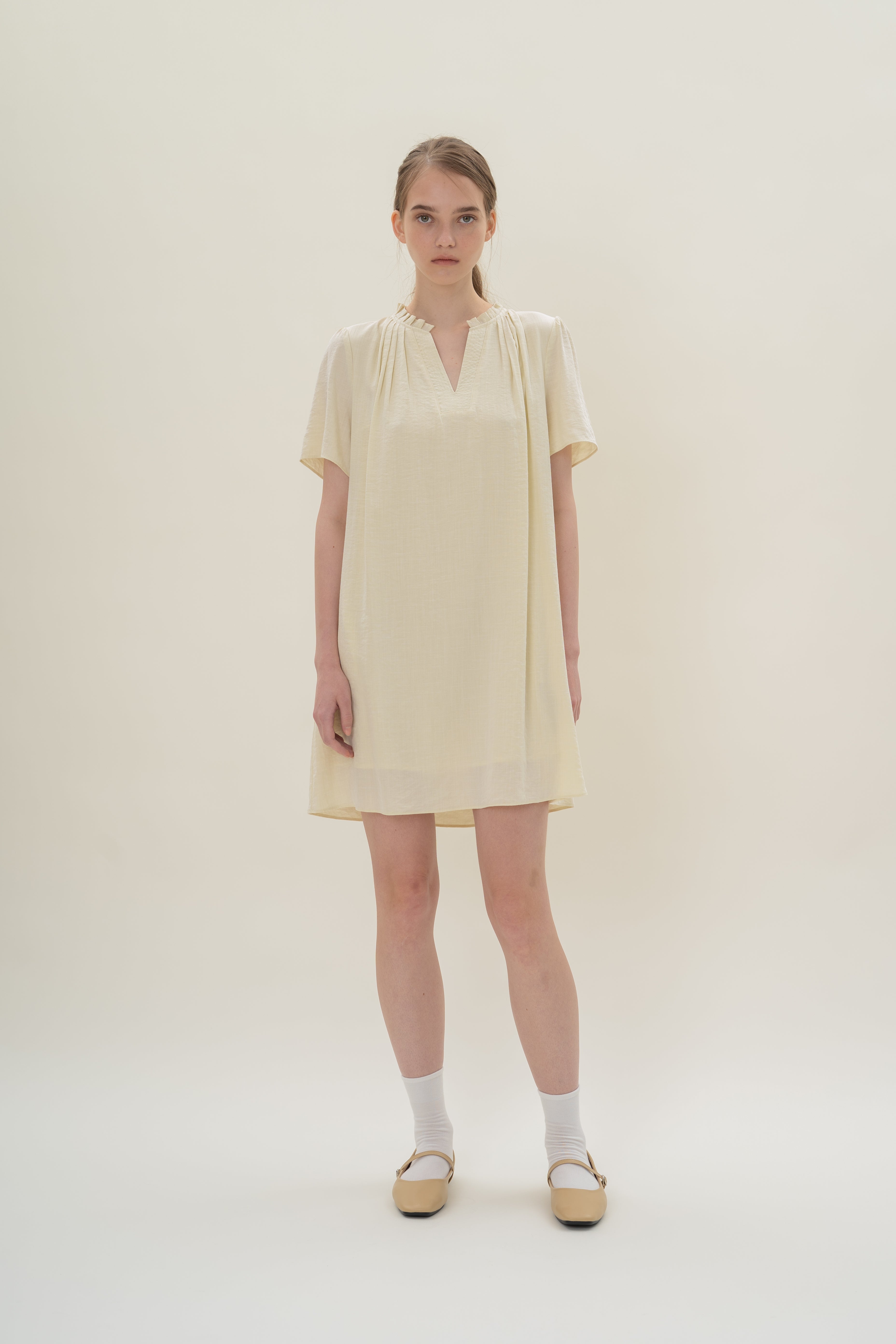 Pleated V Neck Dress in Natural