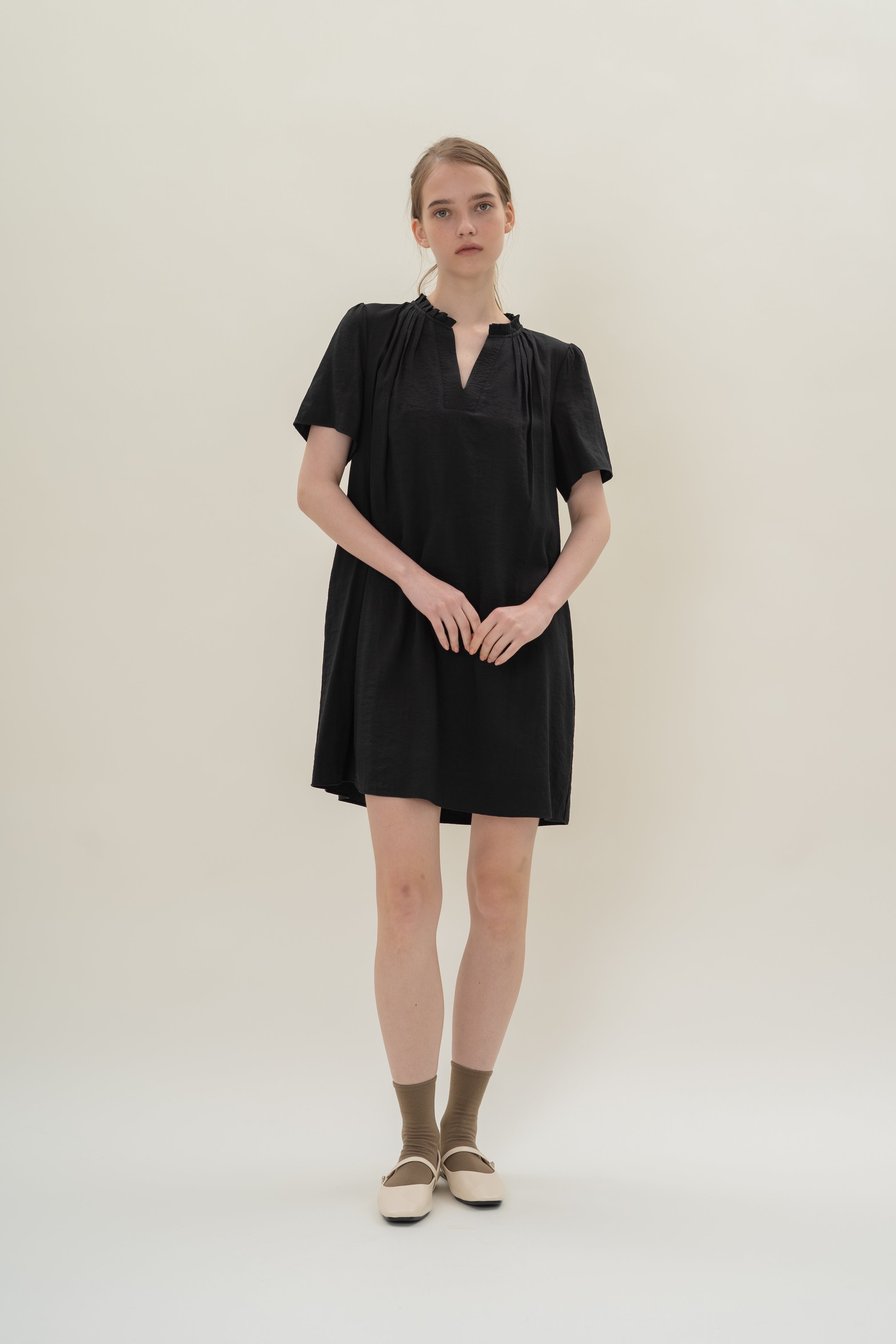 Pleated V Neck Dress in Black