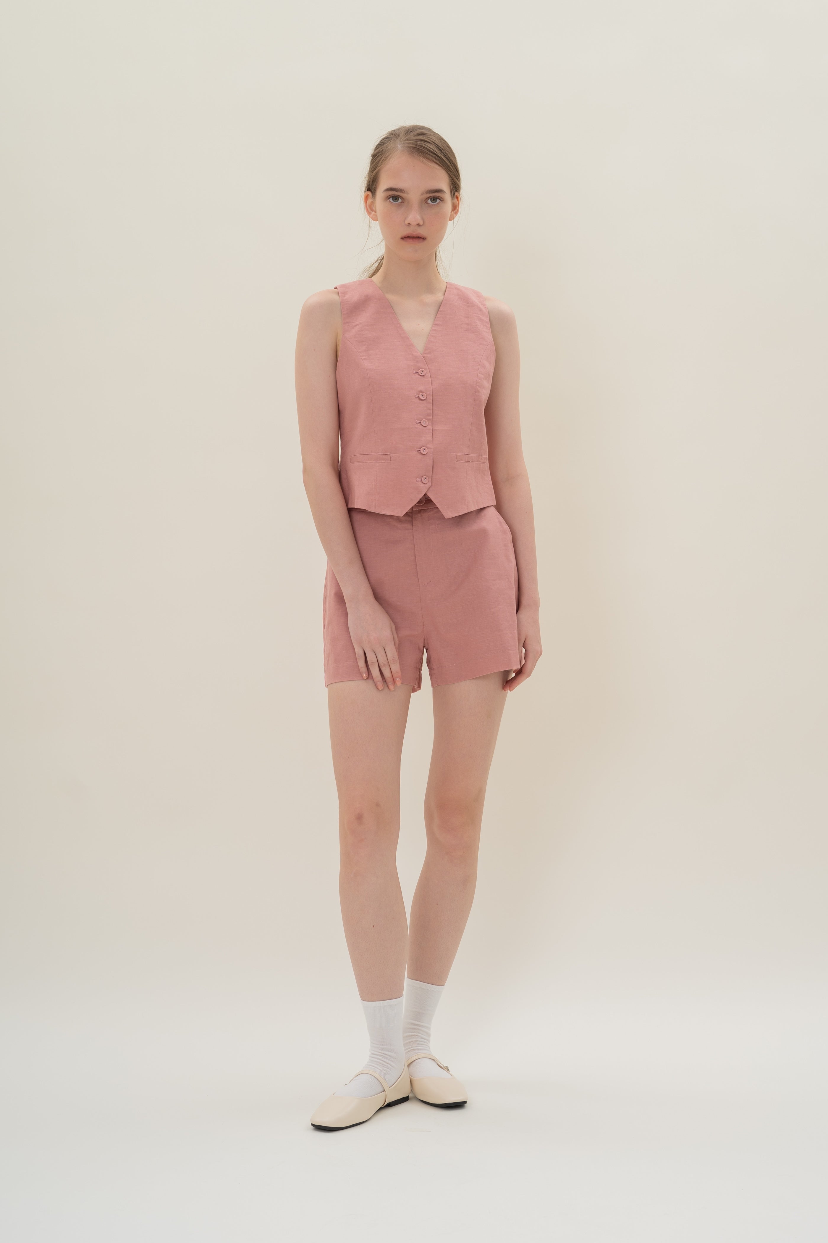 Textured Linen Waistcoat in Tea Rose