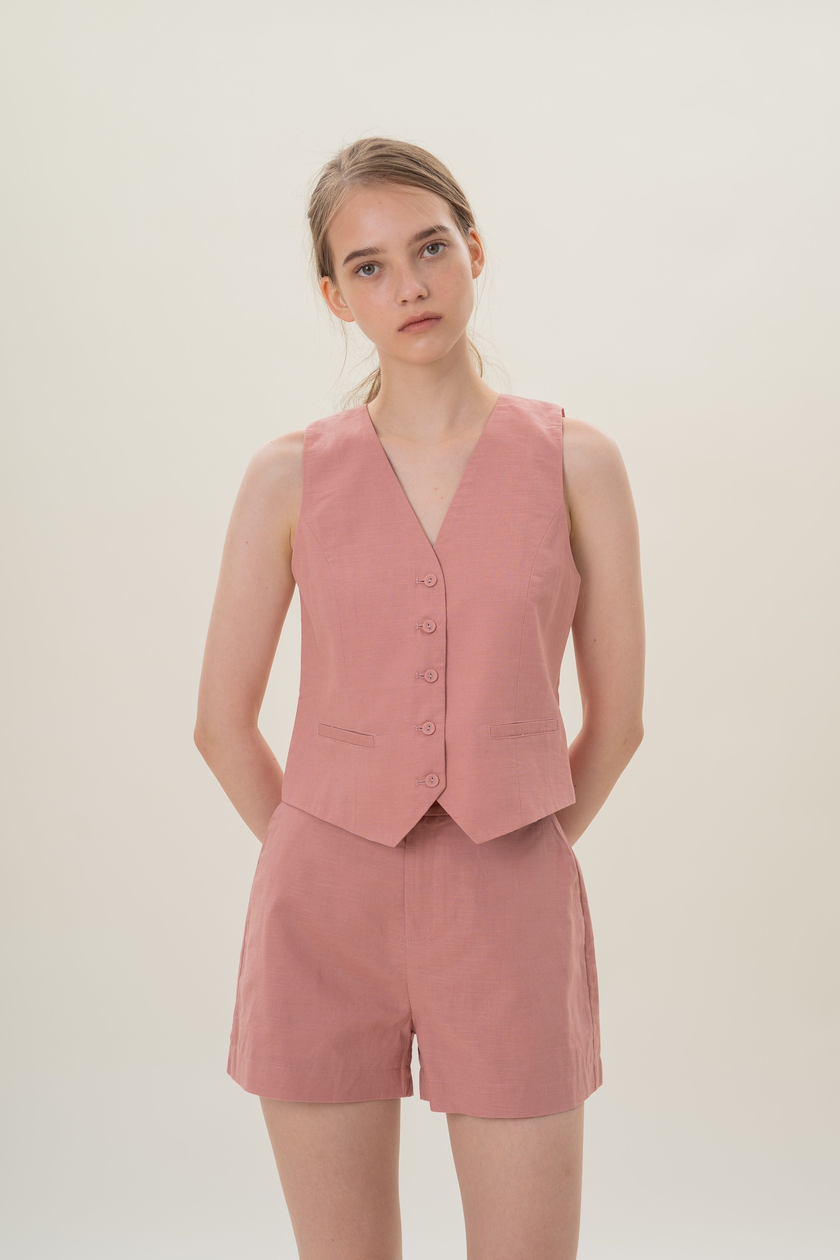 Textured Linen Waistcoat in Tea Rose