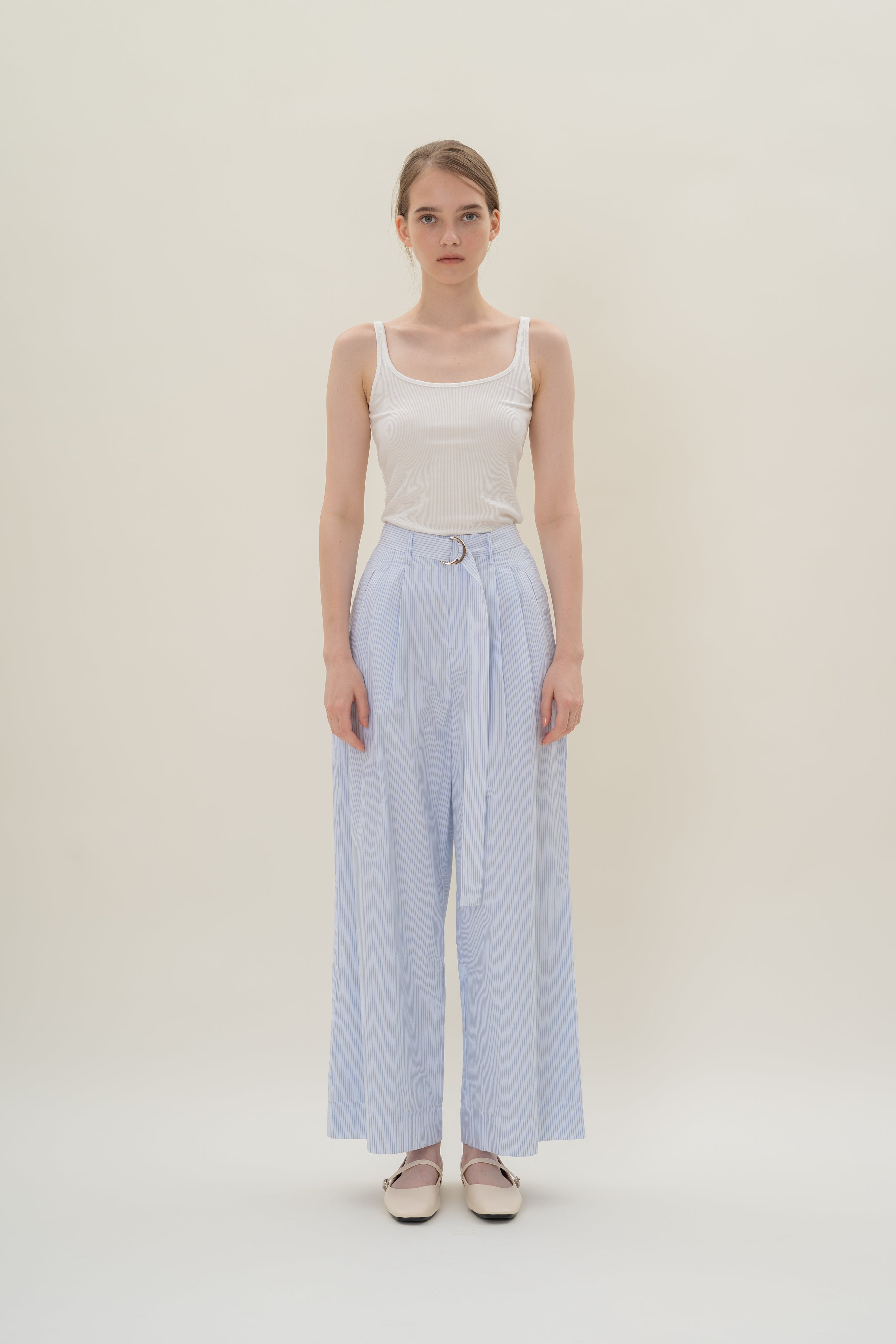 Relaxed Wide Leg Pants in White Blue Stripes