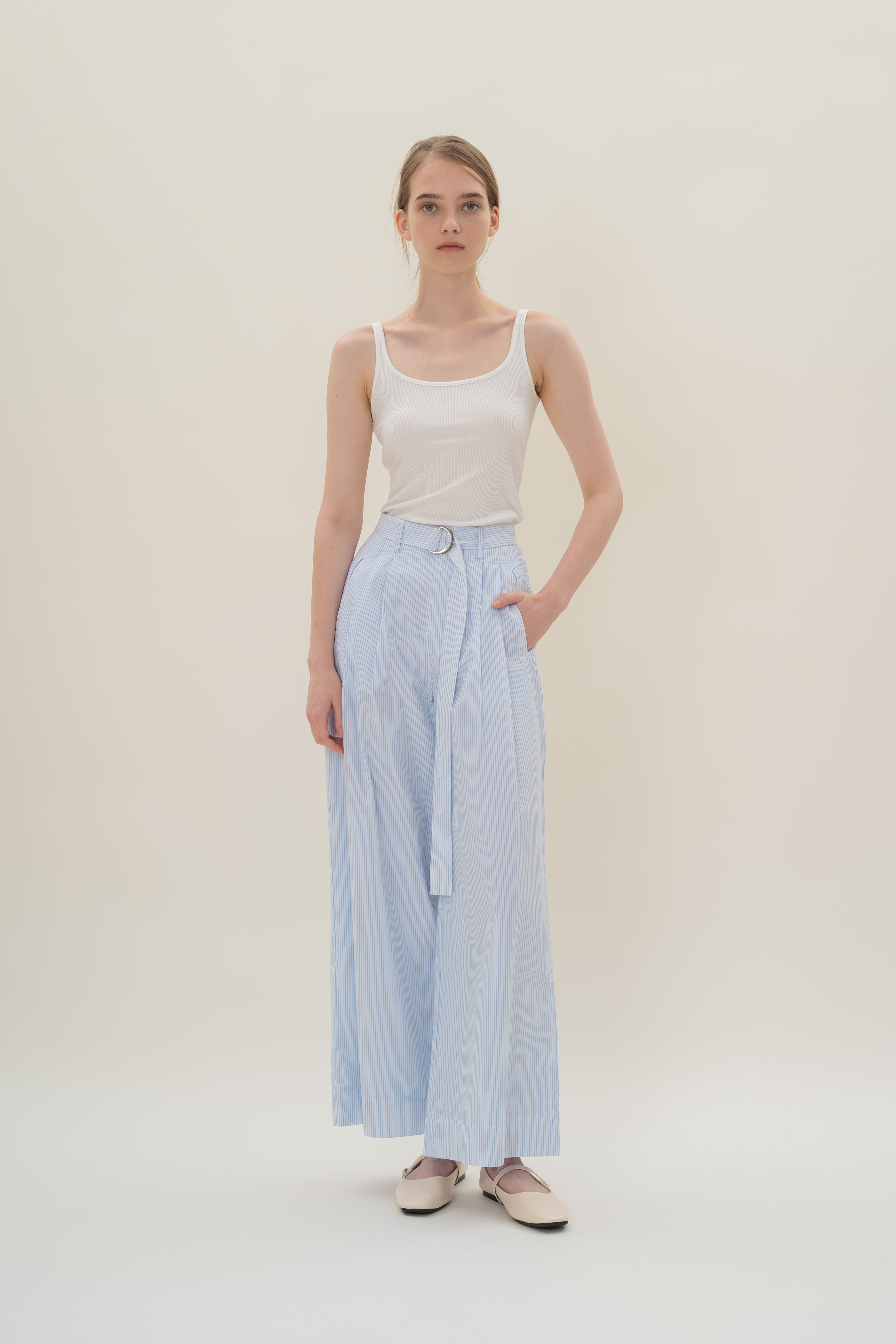 Relaxed Wide Leg Pants in White Blue Stripes