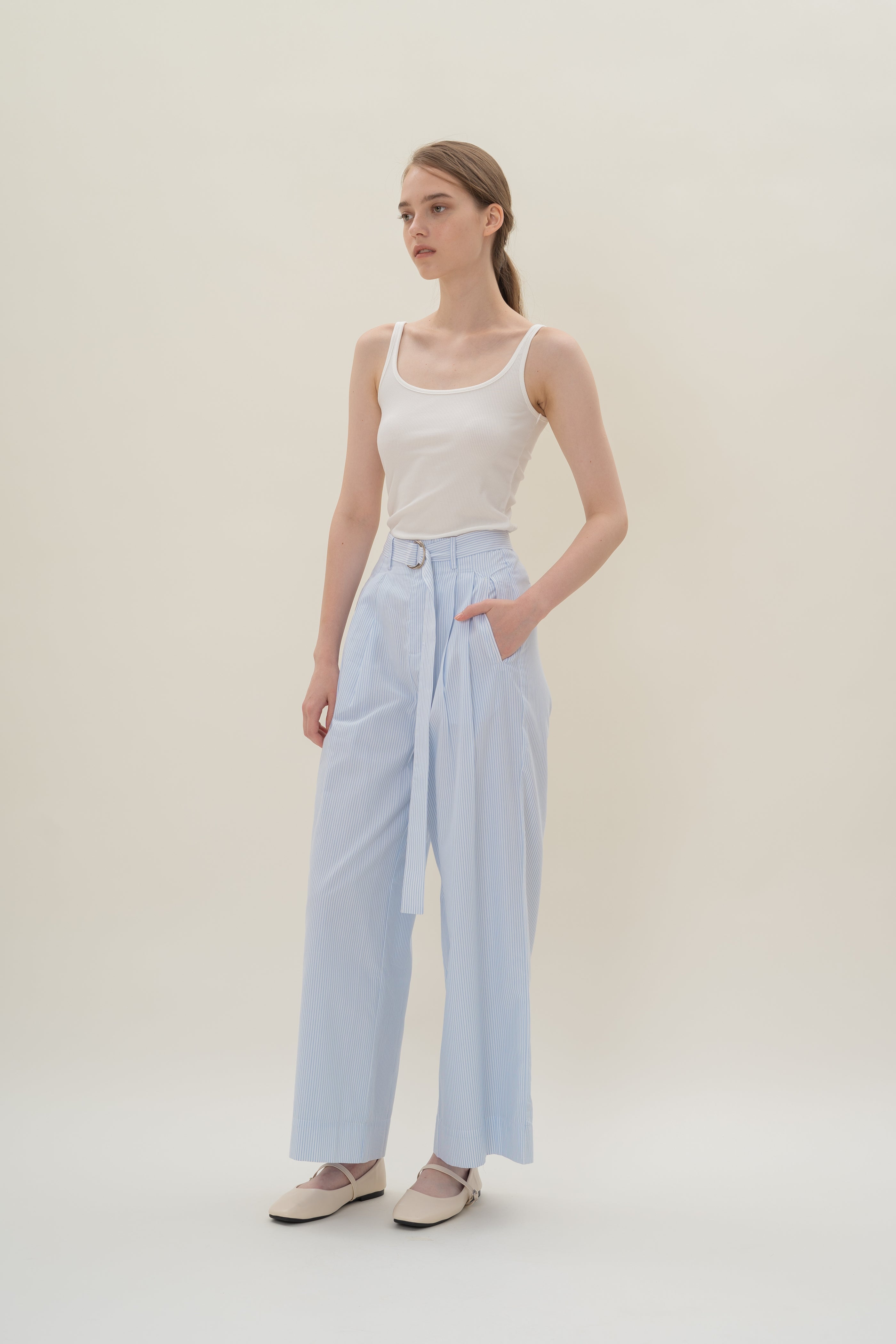 Relaxed Wide Leg Pants in White Blue Stripes