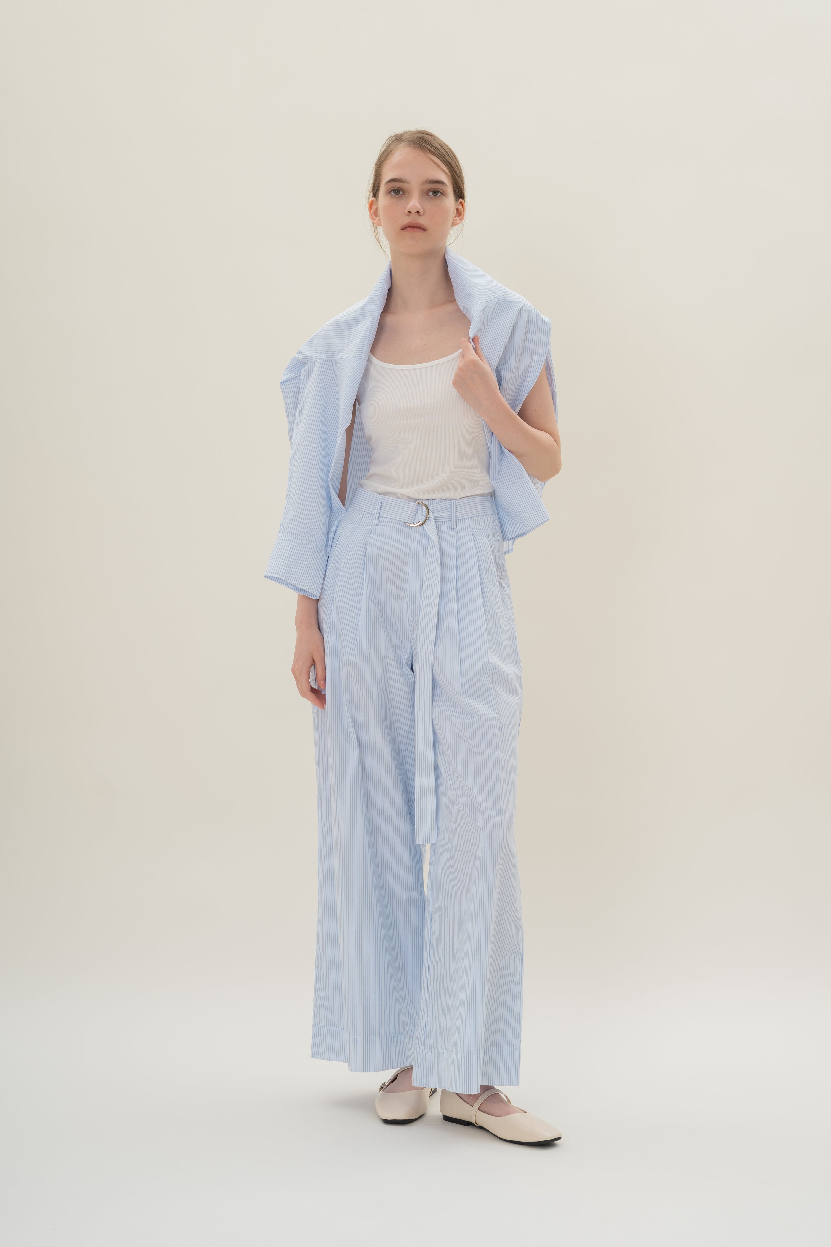 Relaxed Wide Leg Pants in White Blue Stripes