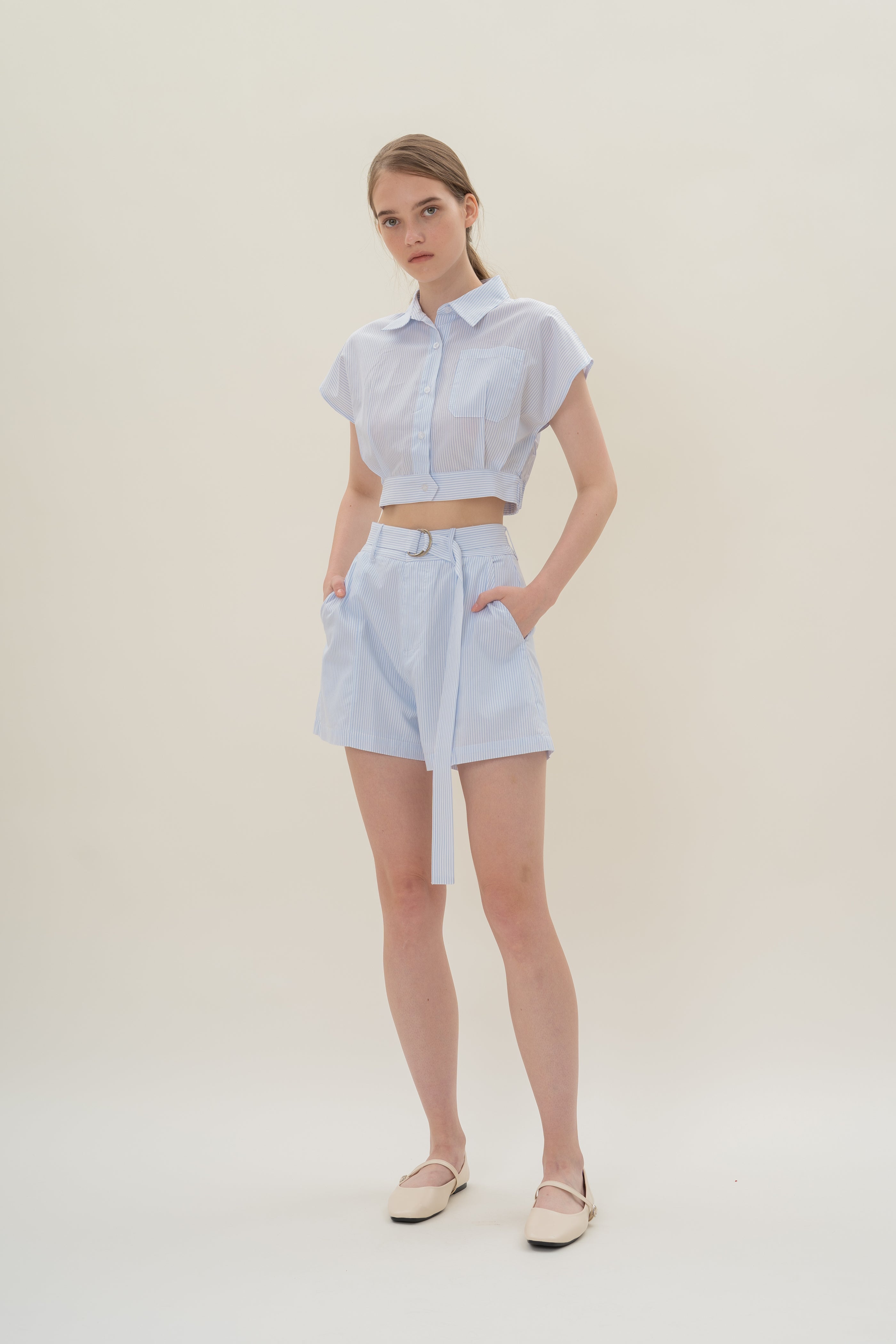 High-Waisted Long Shorts in White Blue Stripes