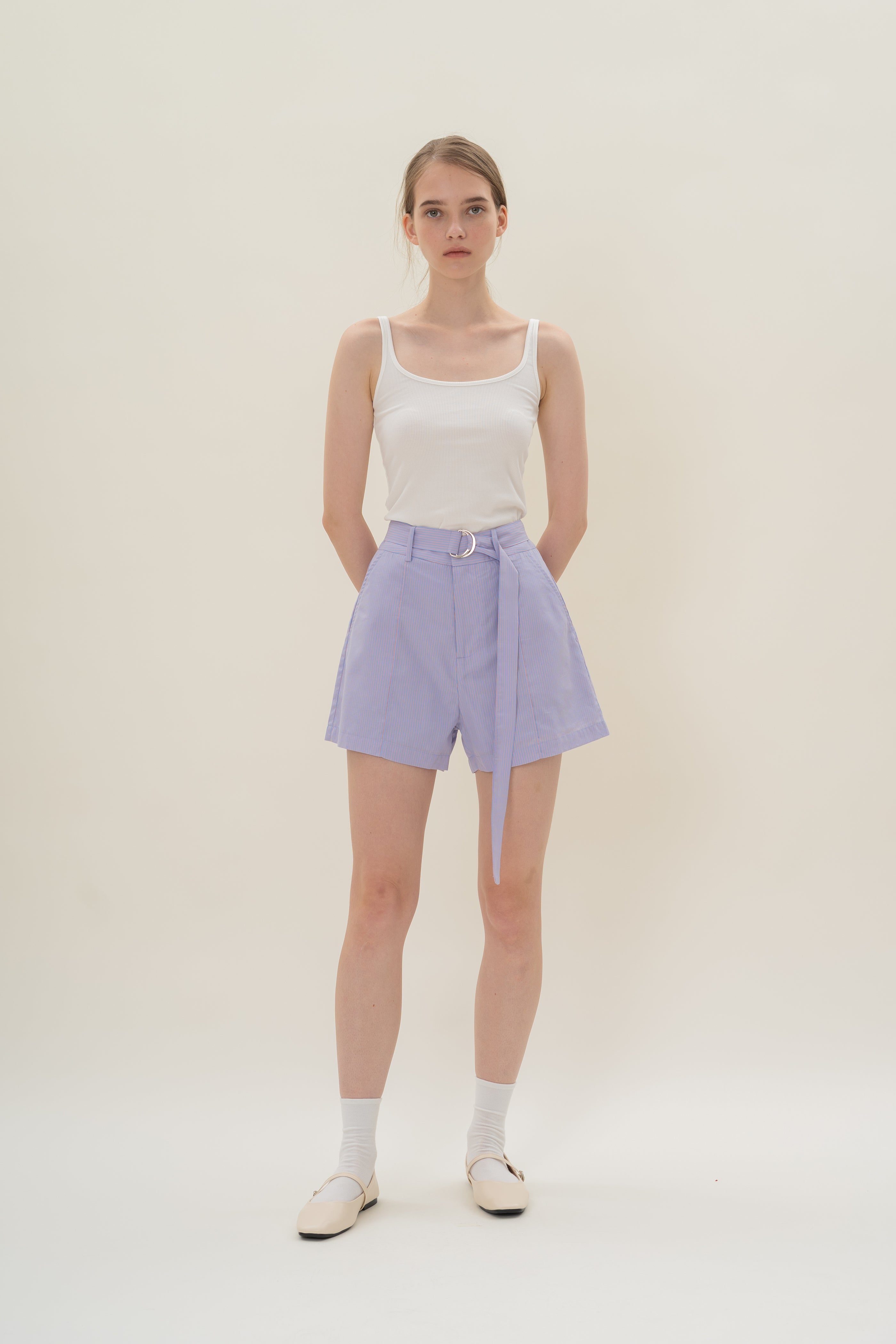 High-Waisted Long Shorts in Blue Peach Stripes