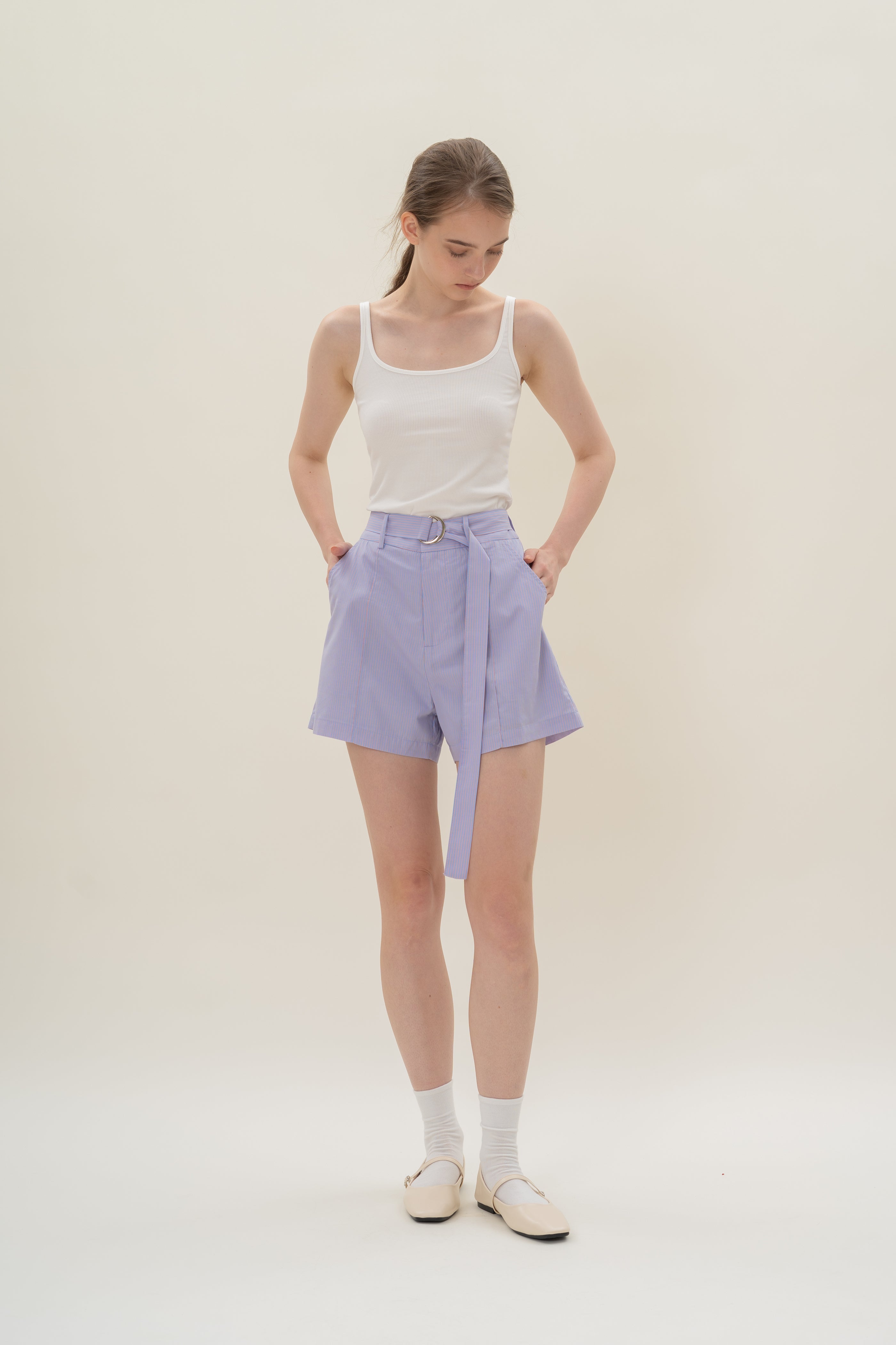 High-Waisted Long Shorts in Blue Peach Stripes