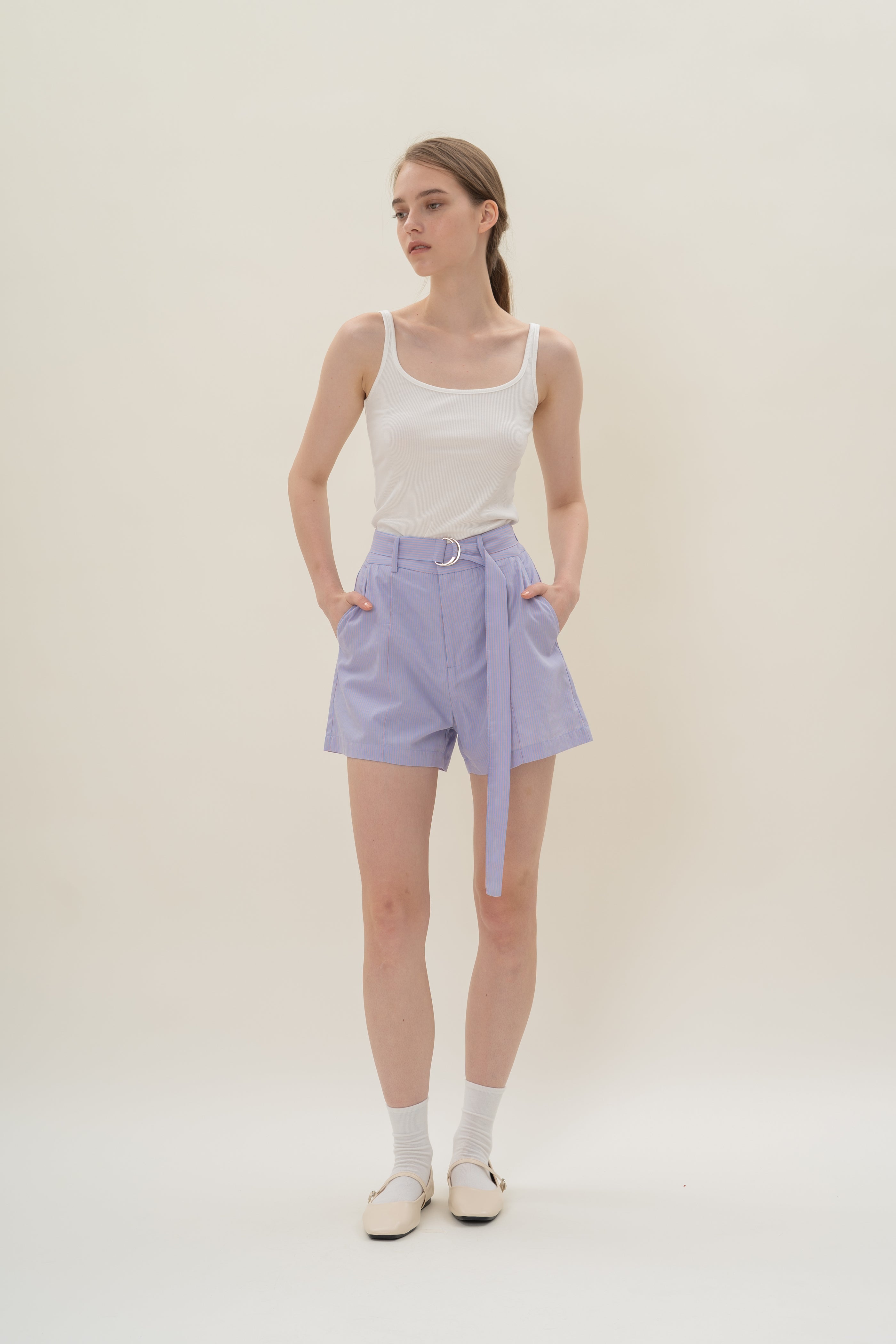 High-Waisted Long Shorts in Blue Peach Stripes