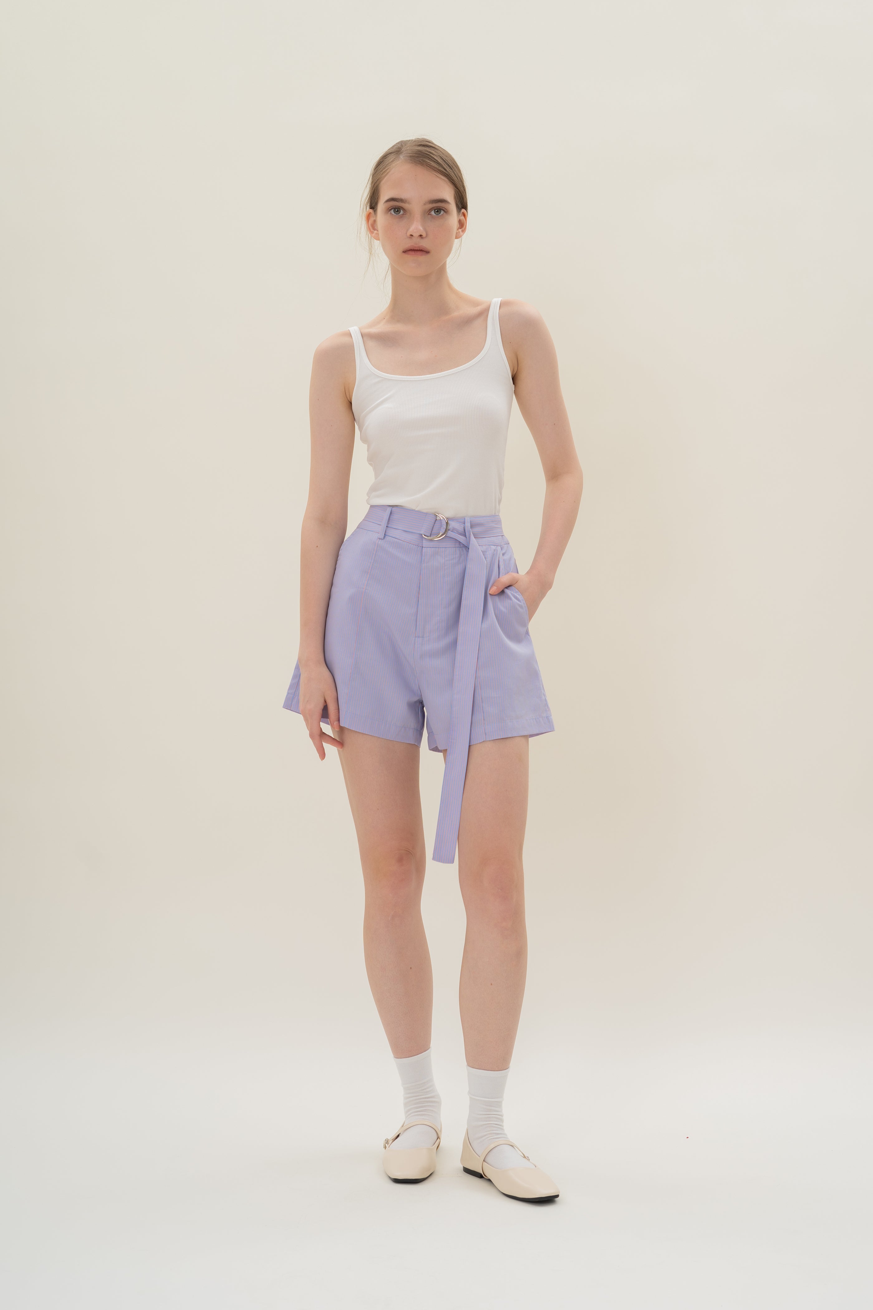 High-Waisted Long Shorts in Blue Peach Stripes