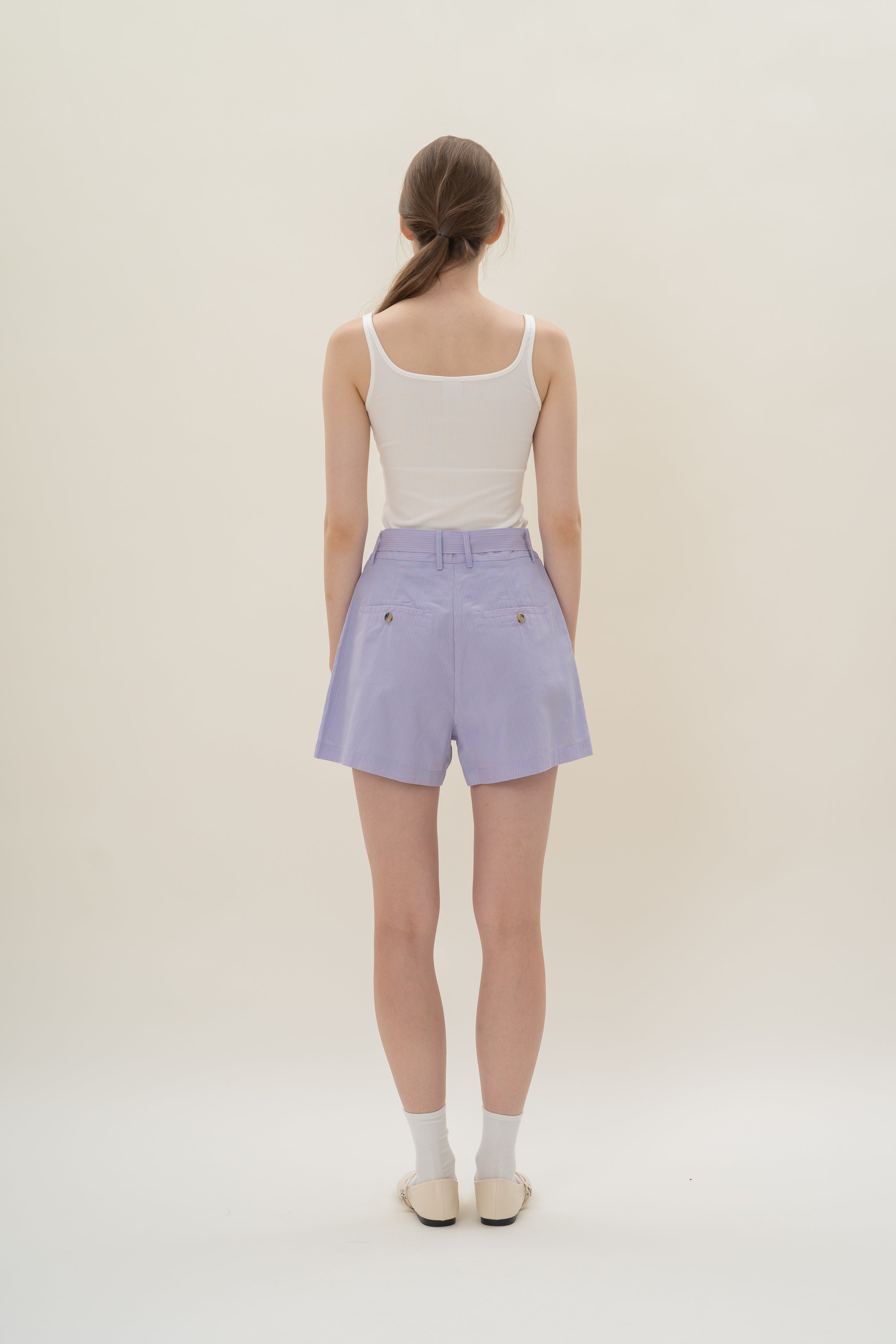 High-Waisted Long Shorts in Blue Peach Stripes