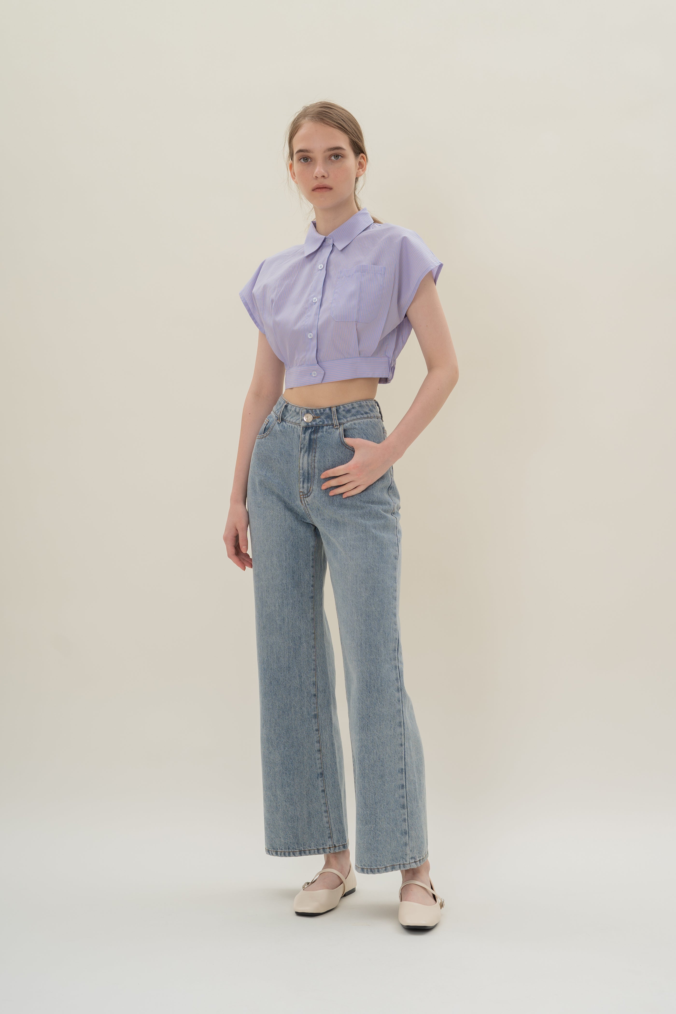 Cap-Sleeve Box Cropped Shirt in Blue Peach Stripes