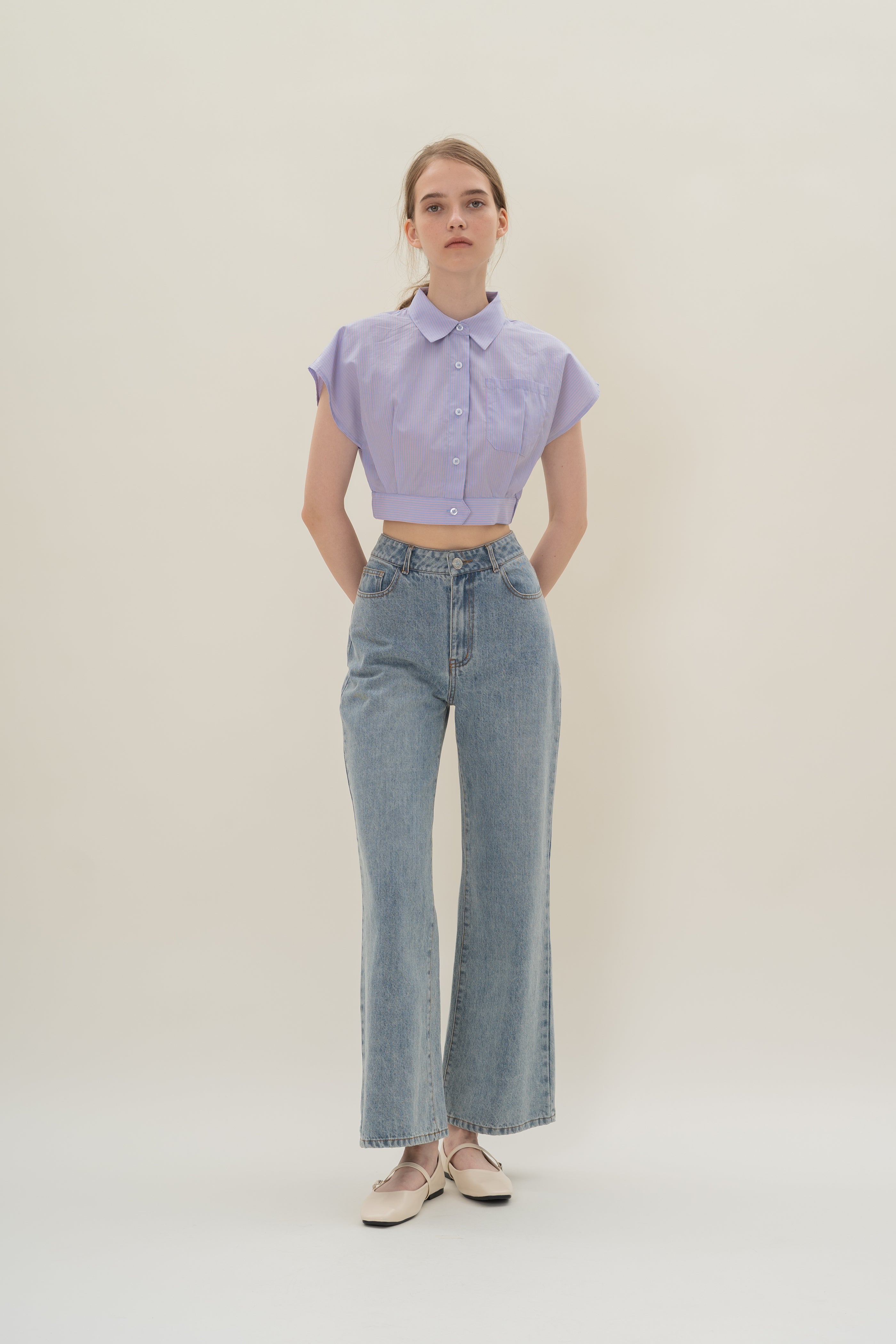 Cap-Sleeve Box Cropped Shirt in Blue Peach Stripes