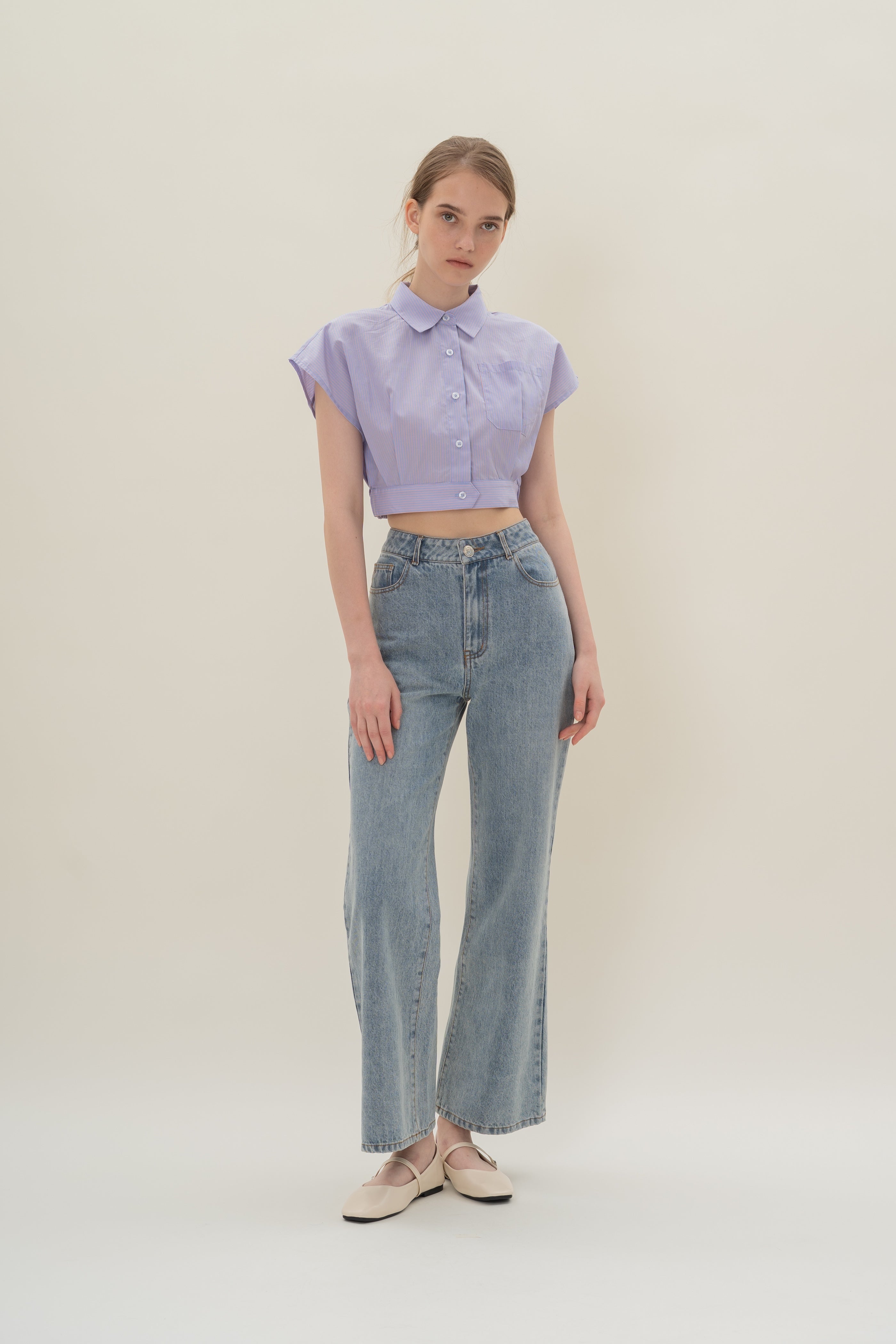 Cap-Sleeve Box Cropped Shirt in Blue Peach Stripes
