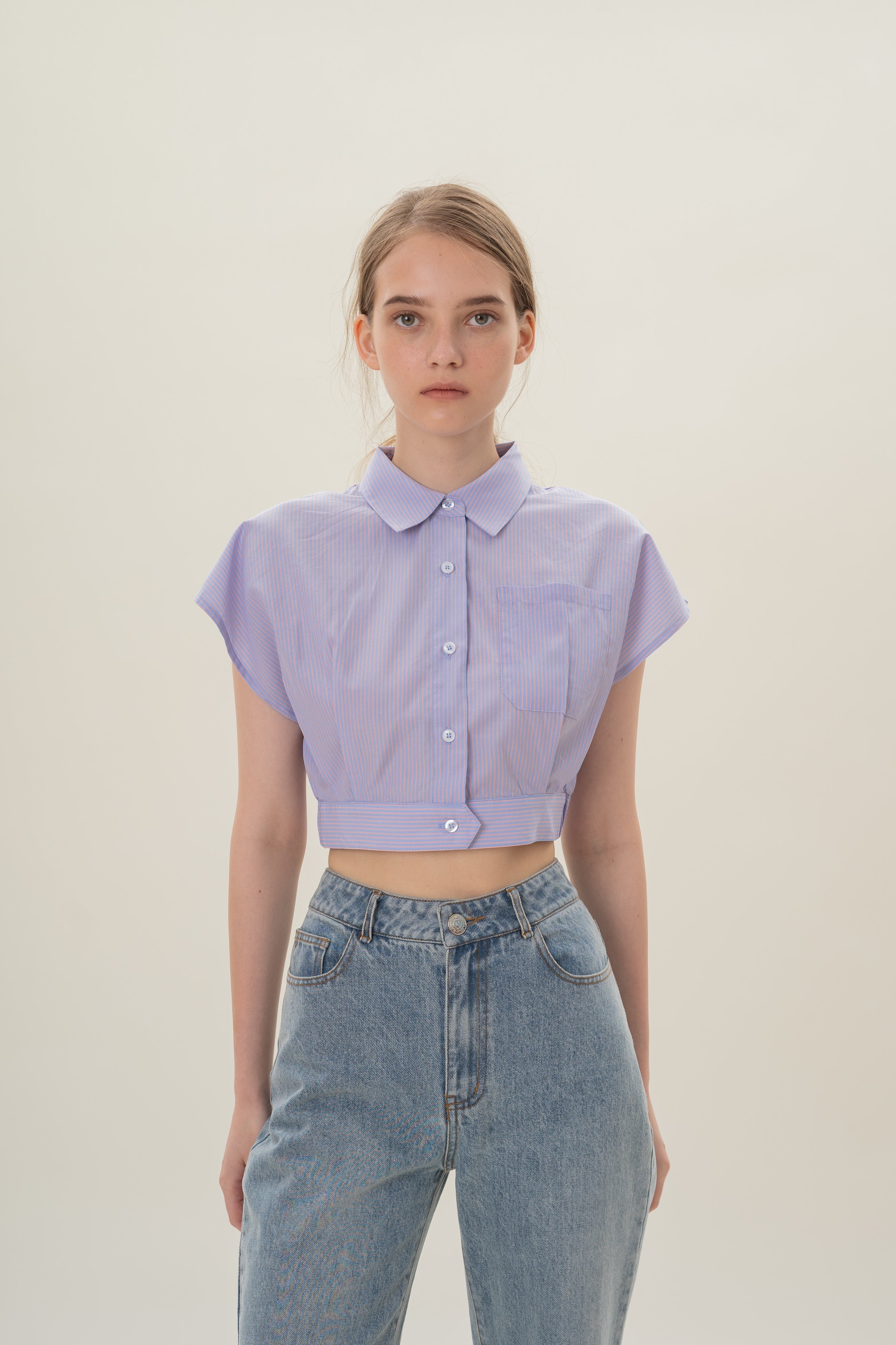 Cap-Sleeve Box Cropped Shirt in Blue Peach Stripes