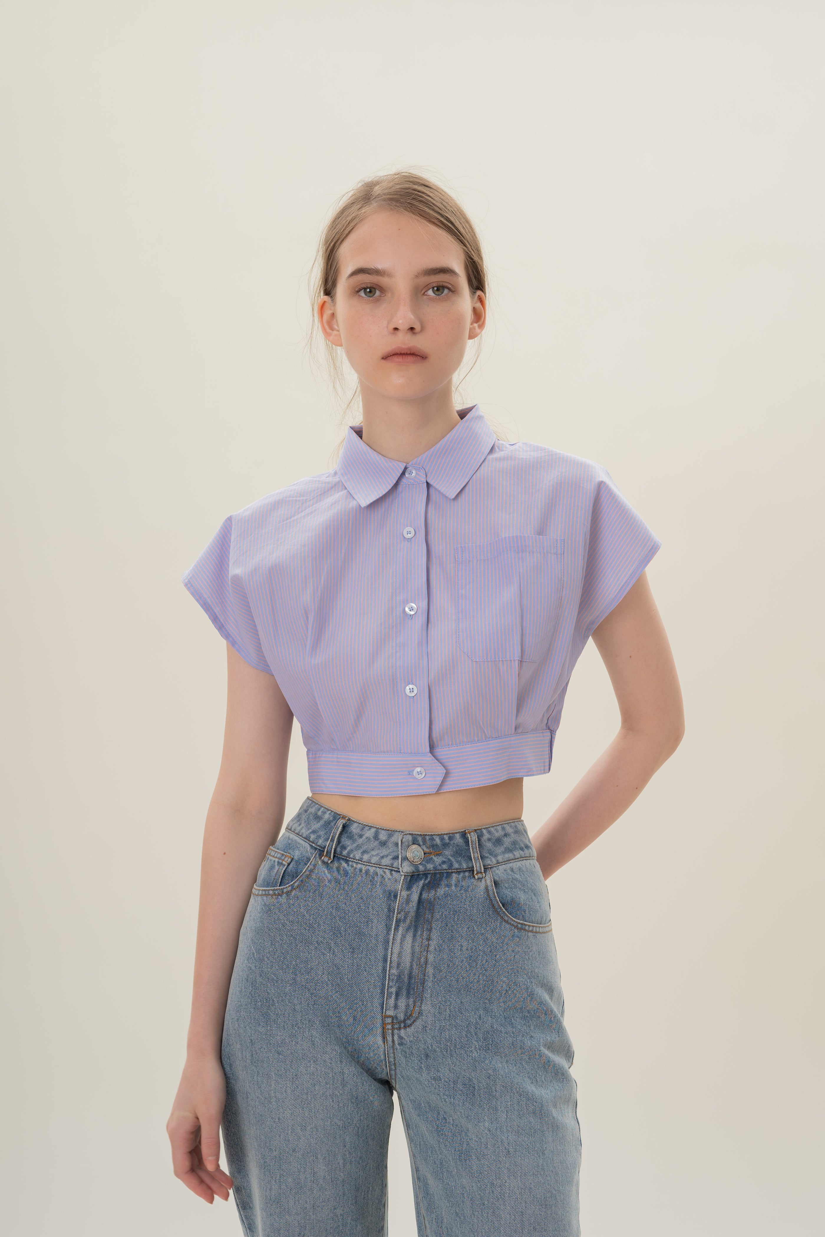 Cap-Sleeve Box Cropped Shirt in Blue Peach Stripes