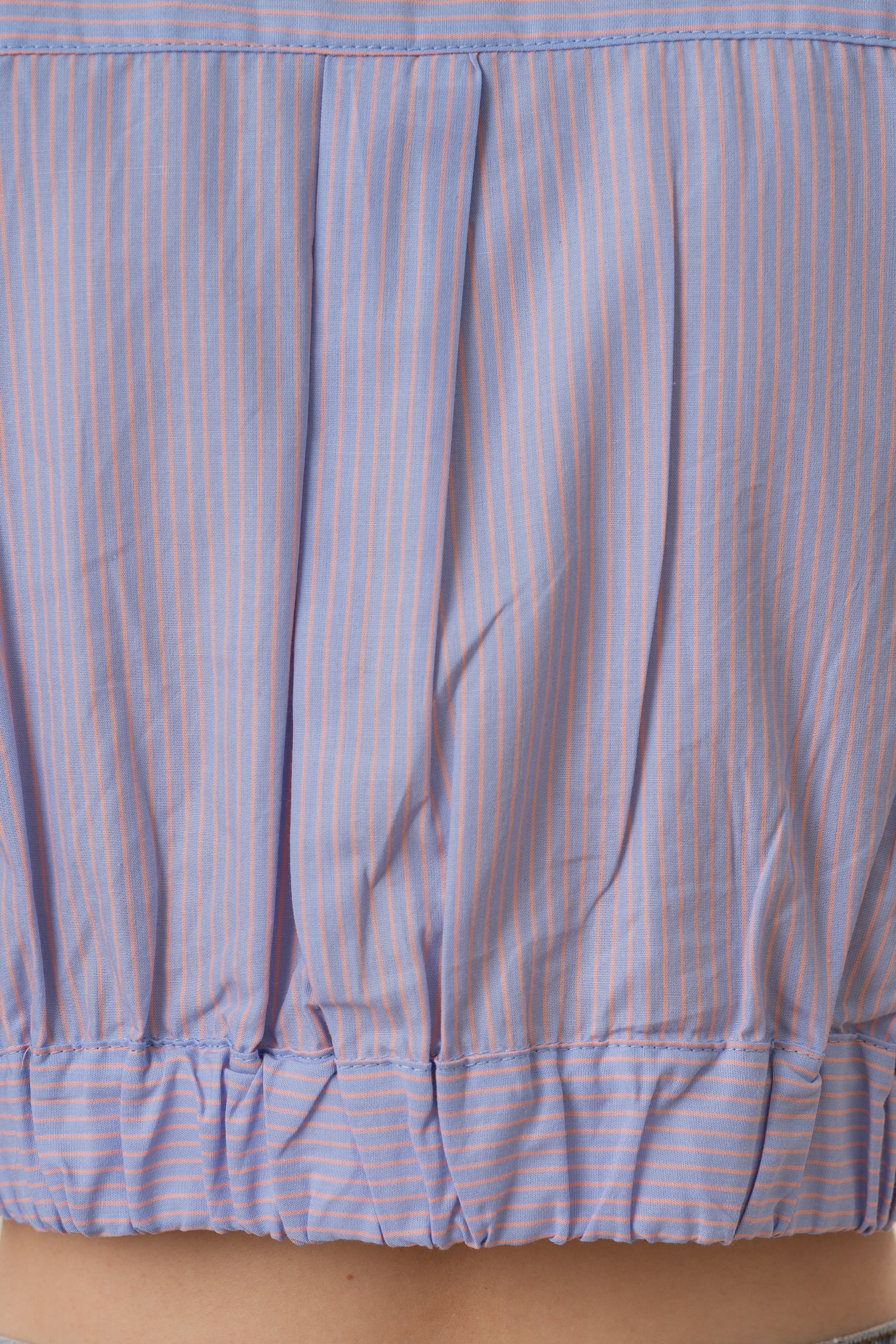 Cap-Sleeve Box Cropped Shirt in Blue Peach Stripes